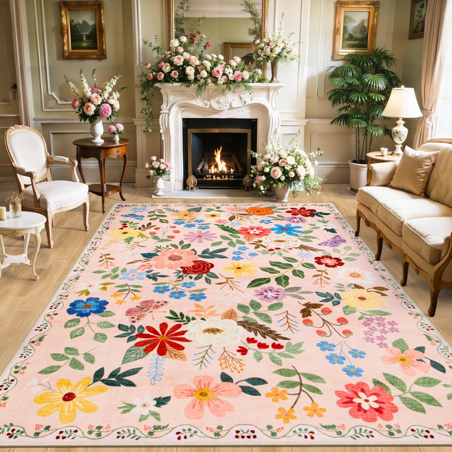 8x10 Area Rugs for Living Room: Floral Washable Rug Vintage Large Soft Boho Non-Slip Carpet Indoor Floor Stain Resistant Carpets for Bedroom Dining Room Farmhouse Nursery Home Office Beige/Multi