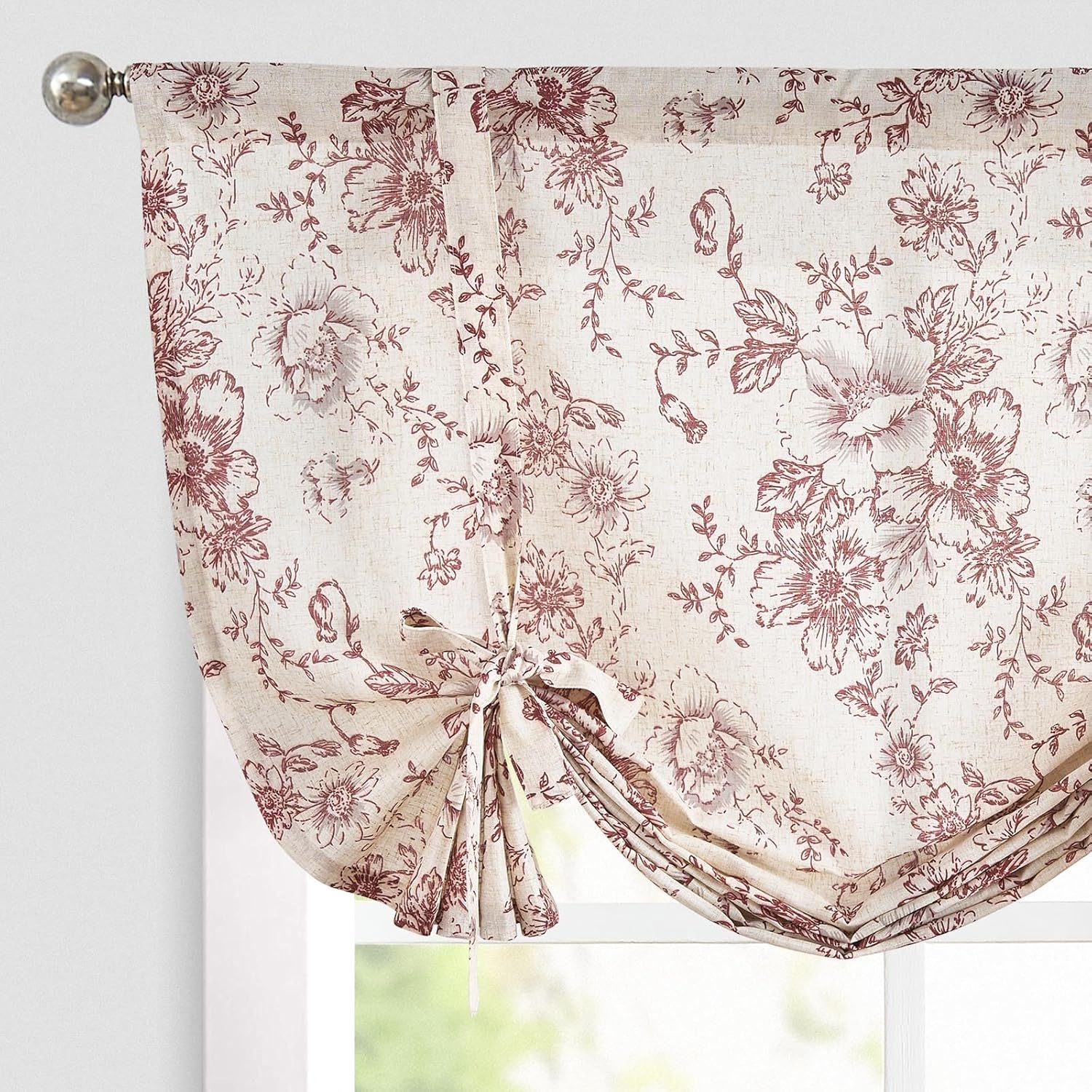 jinchan Tie Up Valance Floral Linen for Windows Farmhouse Valance 45 Inch Peonies Botanical Short Window Treatment Adjustable for Kitchen Living Room Light Filtering 1 Panel Black on Beige