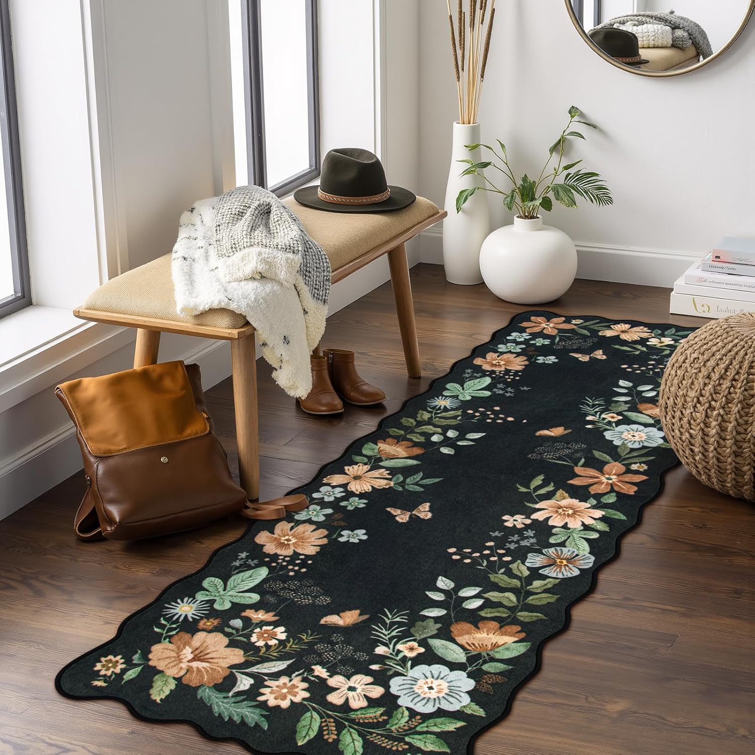 Lahome Floral Washable Rugs 8x10, Non-Slip Soft Green Rug Stain Resistant, Ultra-Thin 8x10 Rugs for Living Room Easy Clean Boho Accent Carpet for Dining Room Office(8x10ft,Green)