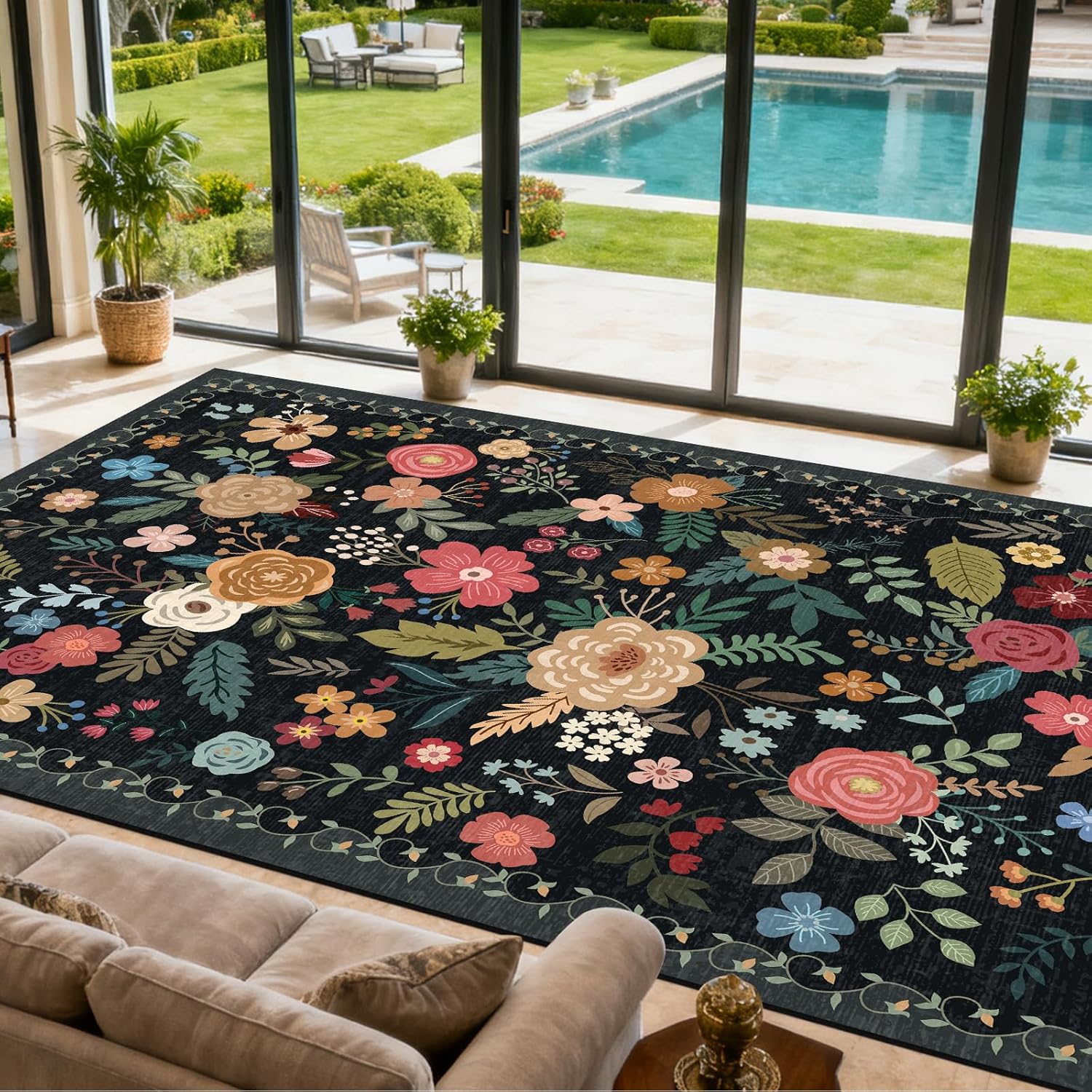 Vintage Beige Blue Living Room Rug, 8x10 Washable Area Rugs for Dining Room Under Table, Soft Low Pile Large Carpet Bedroom, Non-Slip Boho Floral (8 x 10 Beige Blue)