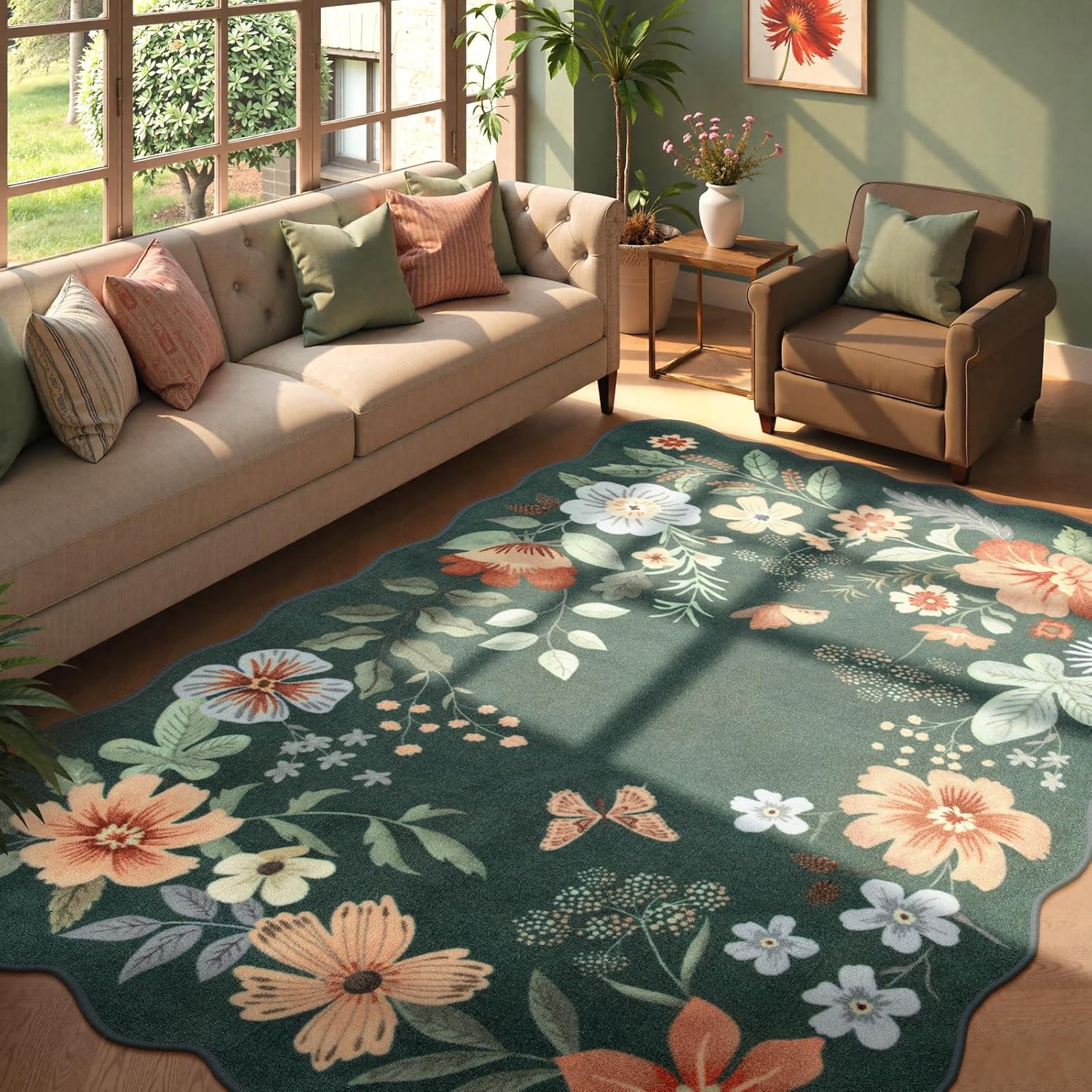 Lahome Floral Washable Rugs 8x10, Non-Slip Soft Green Rug Stain Resistant, Ultra-Thin 8x10 Rugs for Living Room Easy Clean Boho Accent Carpet for Dining Room Office(8x10ft,Green)