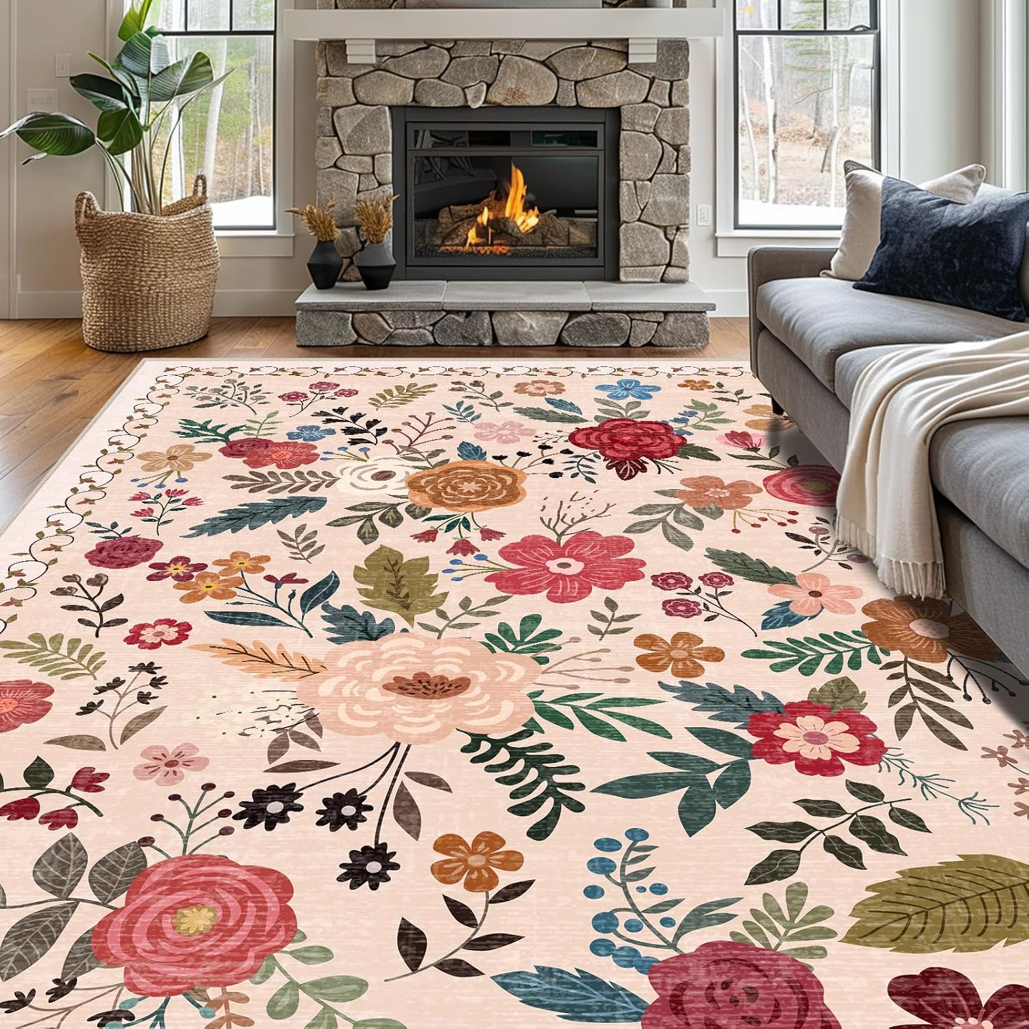 Vintage Beige Blue Living Room Rug, 8x10 Washable Area Rugs for Dining Room Under Table, Soft Low Pile Large Carpet Bedroom, Non-Slip Boho Floral (8 x 10 Beige Blue)