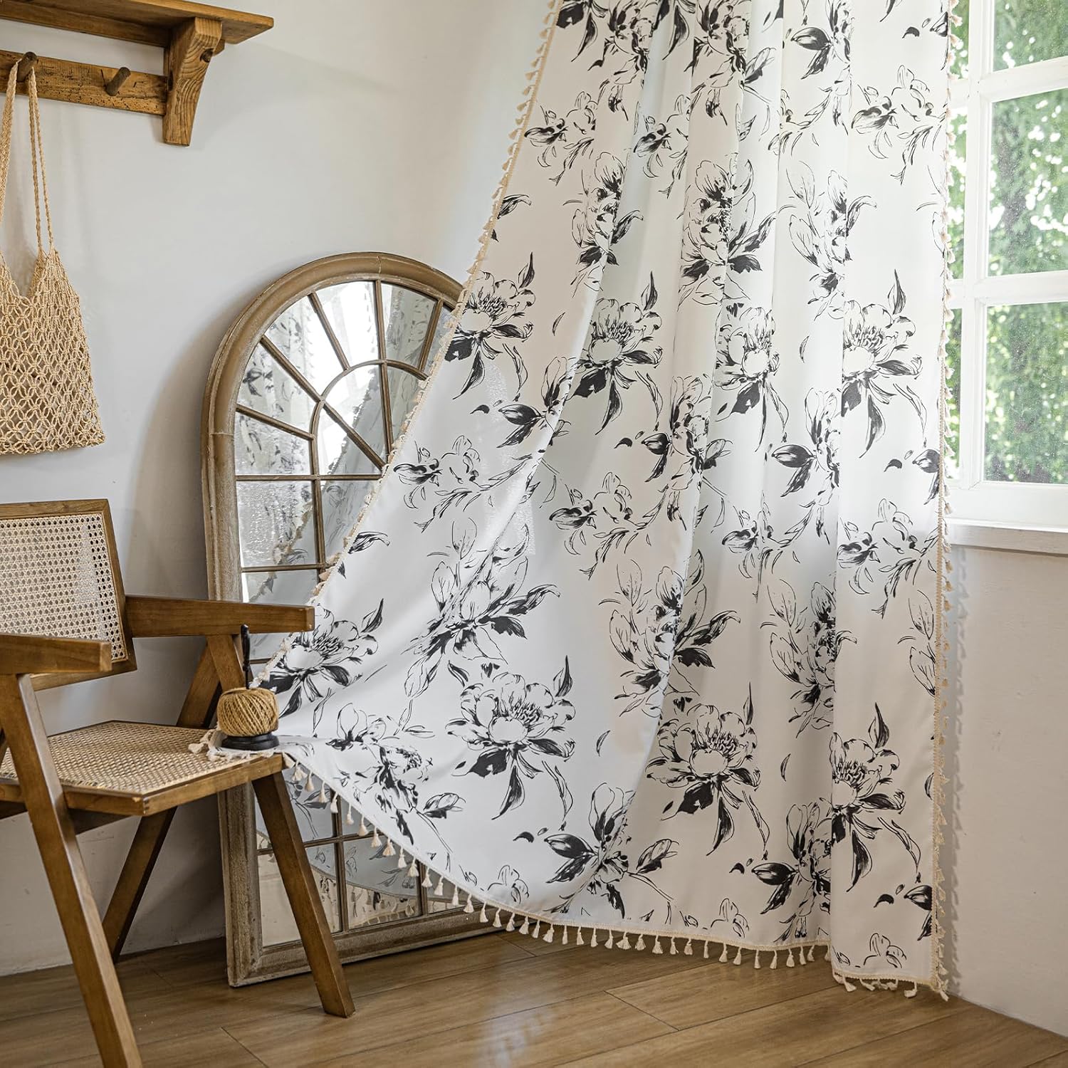 ENJOYBRIDAL Floral Bedroom Curtains 84 Inch Length 2 Panels Set Farmhouse Semi Sheer Living Room Drapes Cotton Linen Blend Bohemian Window Curtain Panels with Tassel Beige Rod Pocket Drapes