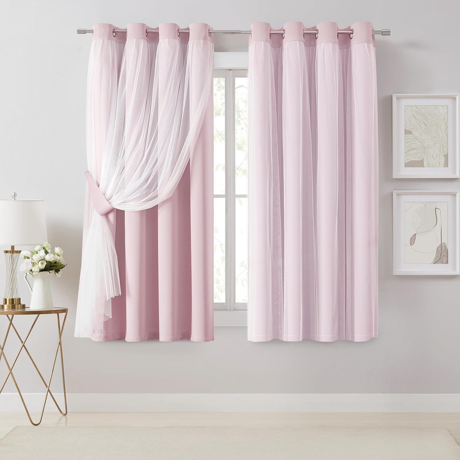 Bujasso Beige 90% Blackout Curtains with Sheer Overlay Mix and Match Double Layer Thermal Insulated Window Panels 84 inch for Living Room Bedroom Beige Drapes with Tiebacks Grommet Top 37" Wx84 Lx2