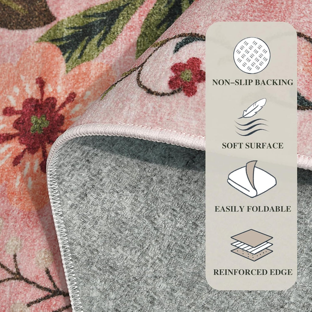 8x10 Washable Area Rug for Living Room, Floral Non-Slip Non-Shedding & Easy Care, Large Soft Low Pile Indoor Floor Carpet for Living Room, Bedroom, Farmhouse, Dining Room, Kids Playroom, Pink