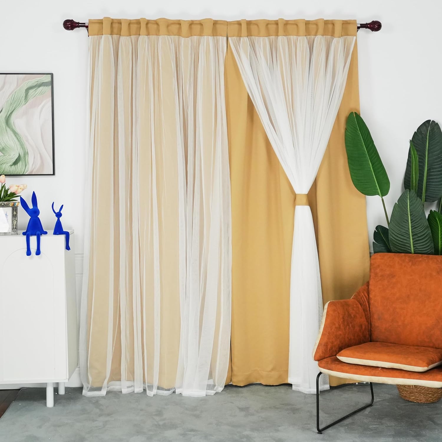 INLINAS Beige Blackout Curtains with Sheer Overlay - Grommet Top Thermal and Noise Reduction Panels for Bedroom and Living Room Light Blocking and Energy Saving, 52 x 84 Inches, Set of 2