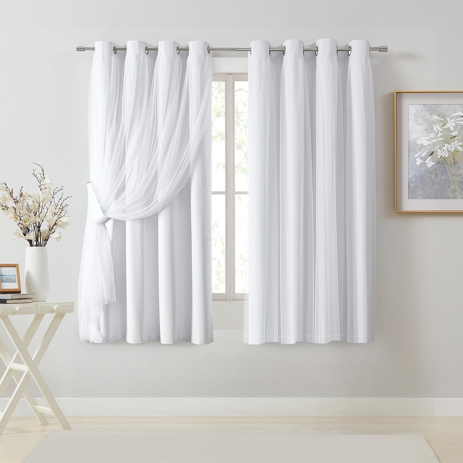 Bujasso Beige 90% Blackout Curtains with Sheer Overlay Mix and Match Double Layer Thermal Insulated Window Panels 84 inch for Living Room Bedroom Beige Drapes with Tiebacks Grommet Top 37" Wx84 Lx2