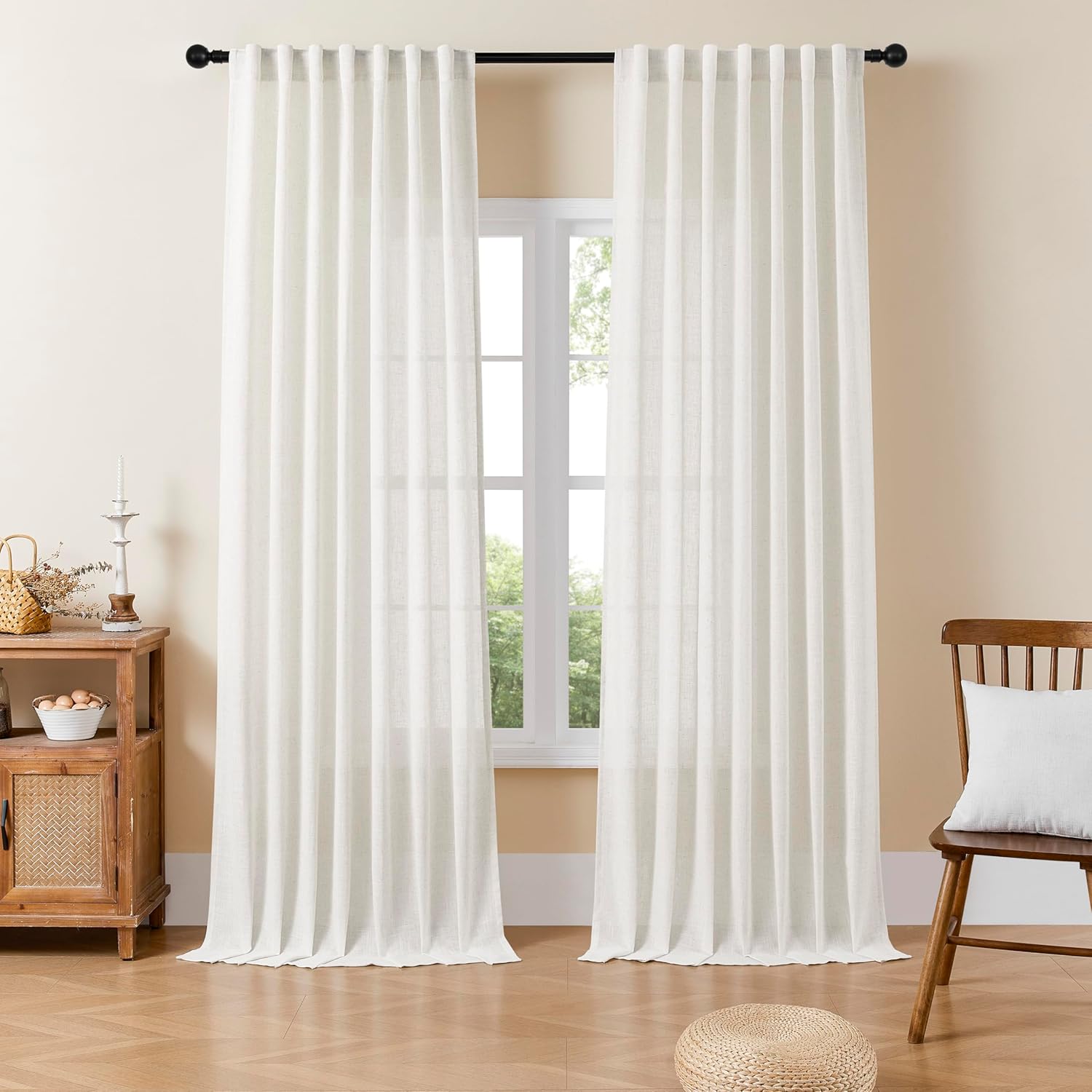 Joydeco Linen Curtains 96 inch Length 2 Panel Set, Light Filtering Curtain for Living Room Bedroom, 52 inch Wide Drapes with Rod Pocket Back Tab (96" Lx52 W, Ivory on Linen)