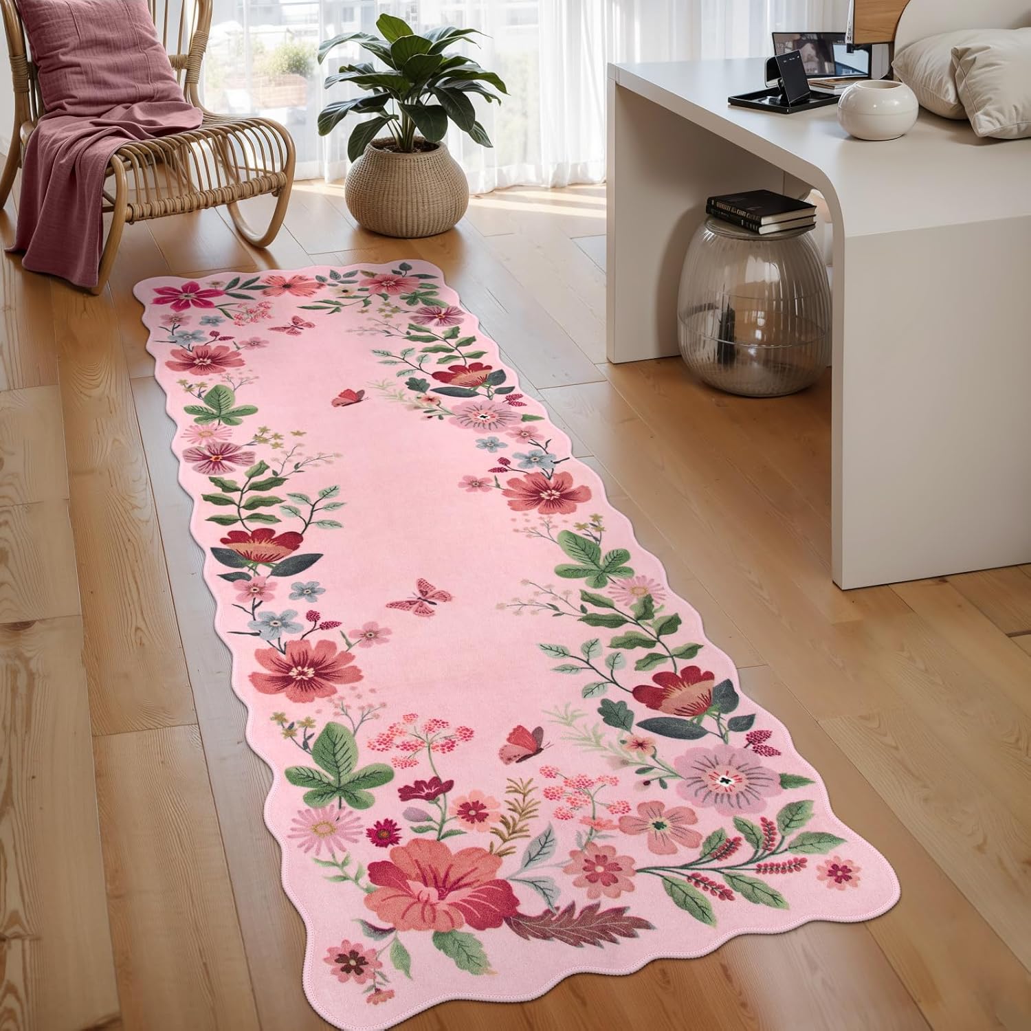 Lahome Floral Washable Rugs 8x10, Non-Slip Soft Green Rug Stain Resistant, Ultra-Thin 8x10 Rugs for Living Room Easy Clean Boho Accent Carpet for Dining Room Office(8x10ft,Green)