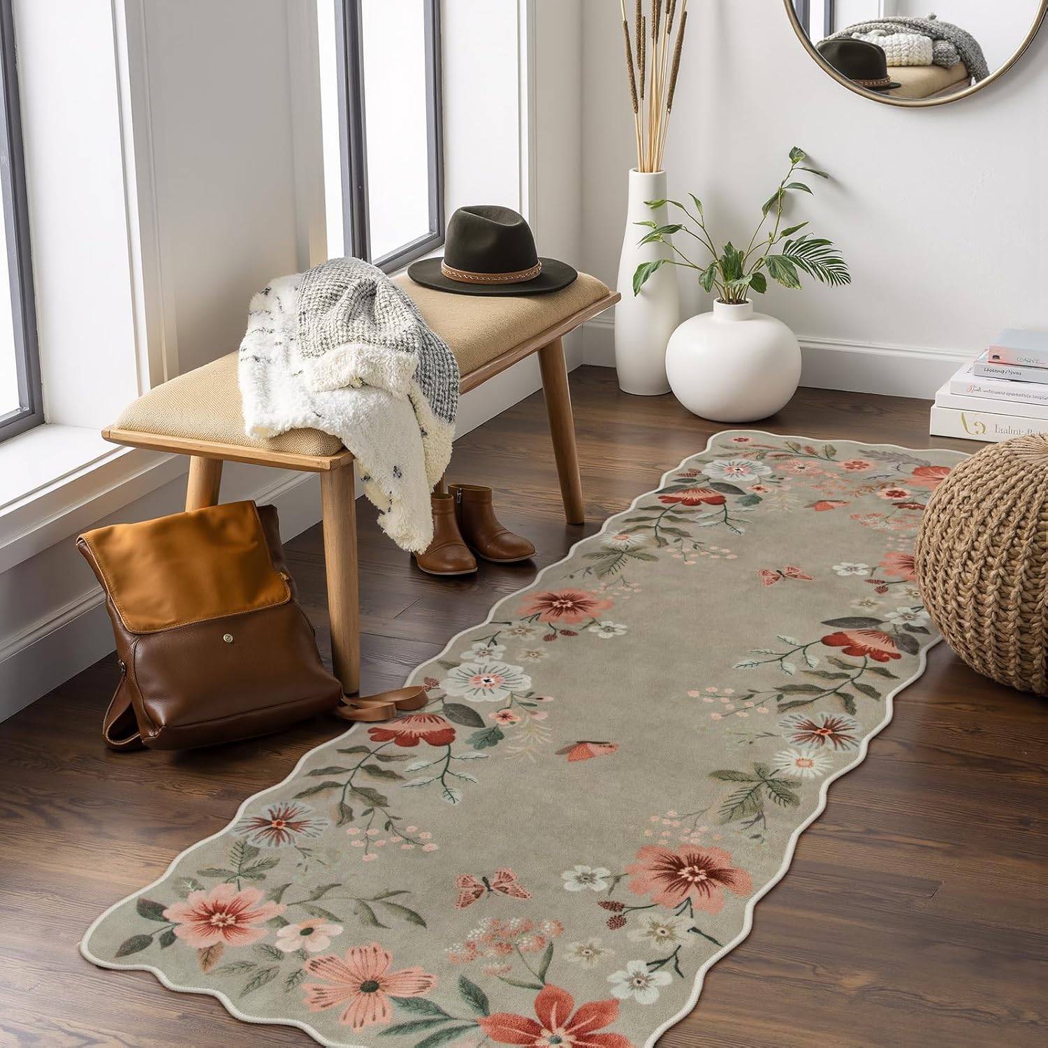 Lahome Floral Washable Rugs 8x10, Non-Slip Soft Green Rug Stain Resistant, Ultra-Thin 8x10 Rugs for Living Room Easy Clean Boho Accent Carpet for Dining Room Office(8x10ft,Green)