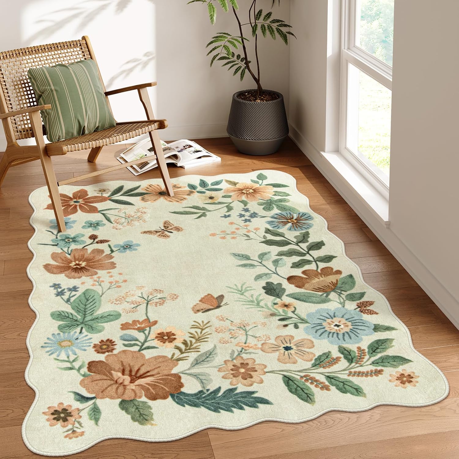Lahome Floral Washable Rugs 8x10, Non-Slip Soft Green Rug Stain Resistant, Ultra-Thin 8x10 Rugs for Living Room Easy Clean Boho Accent Carpet for Dining Room Office(8x10ft,Green)