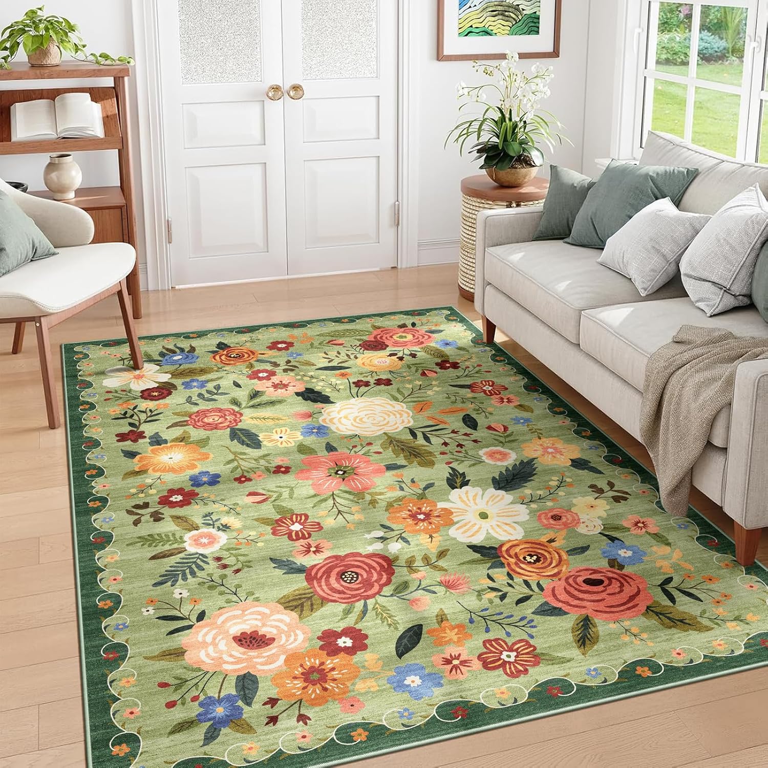 8x10 Washable Area Rug for Living Room, Floral Non-Slip Non-Shedding & Easy Care, Large Soft Low Pile Indoor Floor Carpet for Living Room, Bedroom, Farmhouse, Dining Room, Kids Playroom, Pink