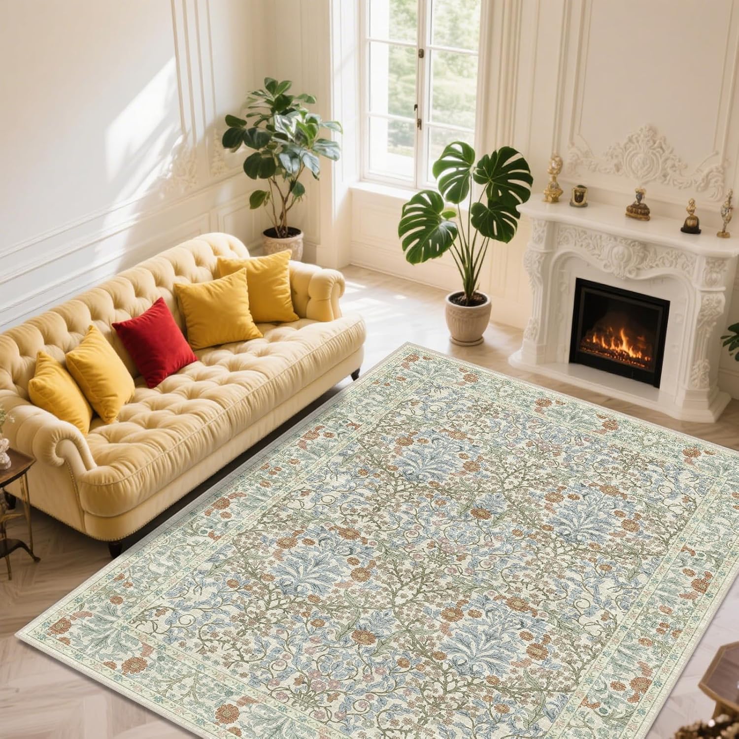 Vintage Beige Blue Living Room Rug, 8x10 Washable Area Rugs for Dining Room Under Table, Soft Low Pile Large Carpet Bedroom, Non-Slip Boho Floral (8 x 10 Beige Blue)