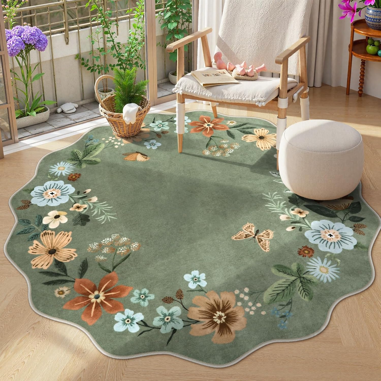 Lahome Floral Washable Rugs 8x10, Non-Slip Soft Green Rug Stain Resistant, Ultra-Thin 8x10 Rugs for Living Room Easy Clean Boho Accent Carpet for Dining Room Office(8x10ft,Green)