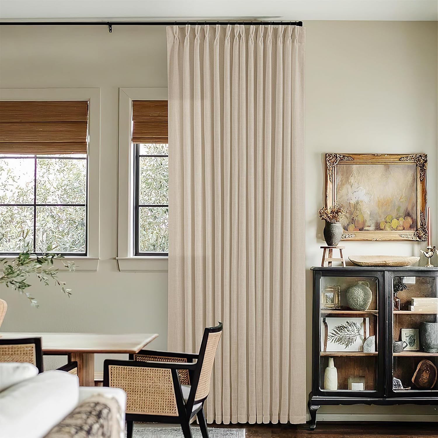 Natural Pinch Pleated Linen Curtains 84 Inch Length 2 Panels for Living Room Bedroom Textured Cream Ivory Birch Semi Sheer Boho Neutral Back Tab Pinch Pleat Hooks Rings Window Curtain 84 Inches Long