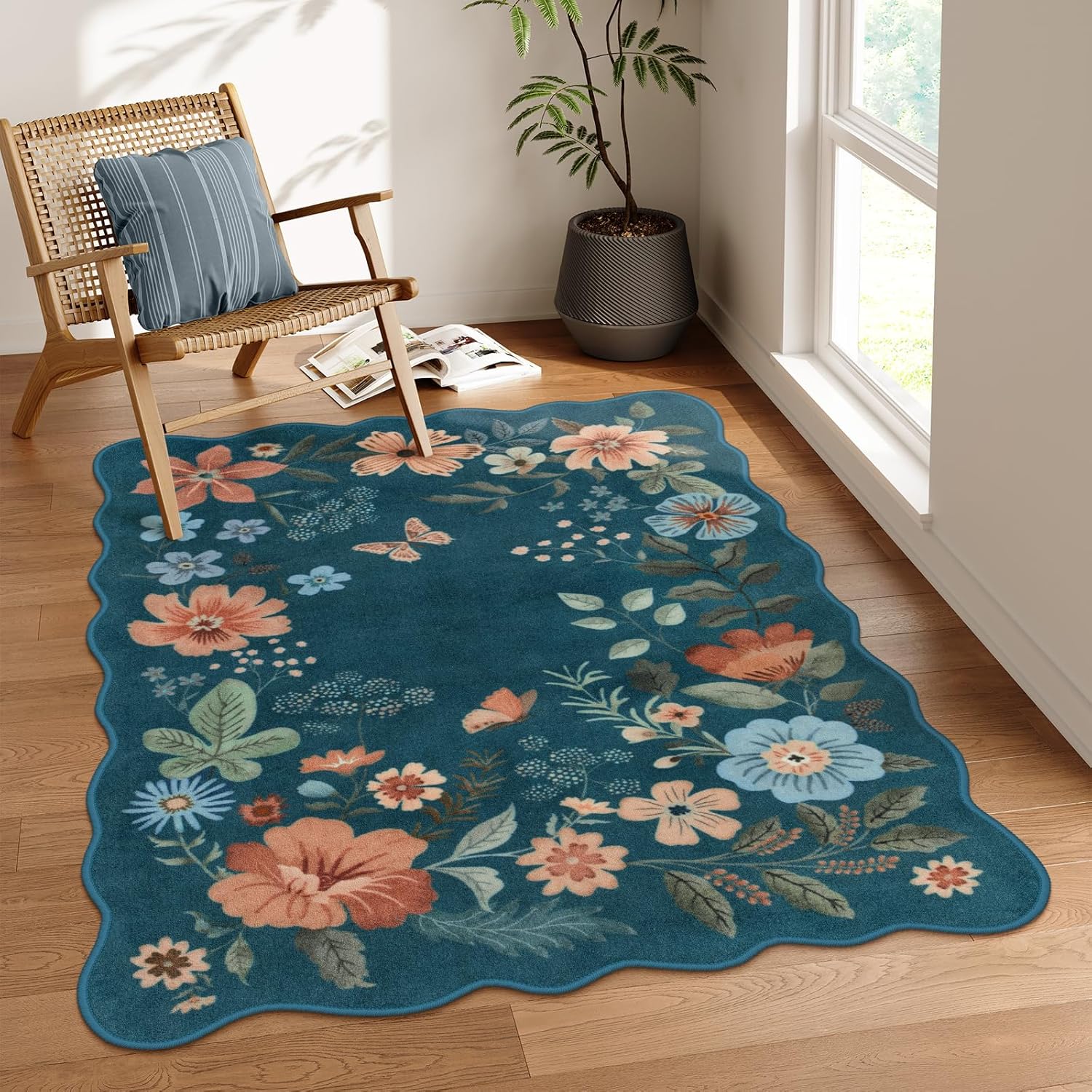 Lahome Floral Washable Rugs 8x10, Non-Slip Soft Green Rug Stain Resistant, Ultra-Thin 8x10 Rugs for Living Room Easy Clean Boho Accent Carpet for Dining Room Office(8x10ft,Green)