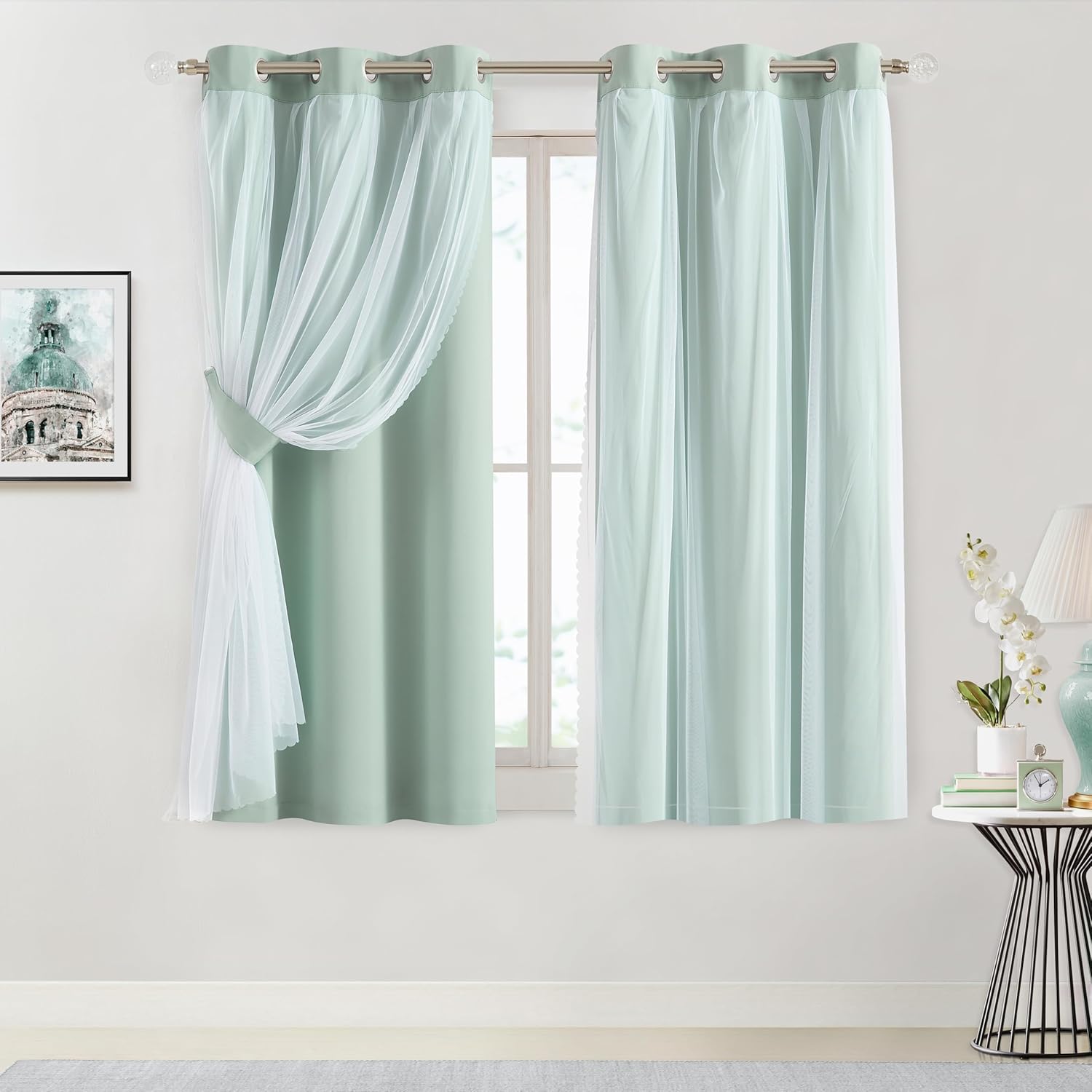 Bujasso Beige 90% Blackout Curtains with Sheer Overlay Mix and Match Double Layer Thermal Insulated Window Panels 84 inch for Living Room Bedroom Beige Drapes with Tiebacks Grommet Top 37" Wx84 Lx2