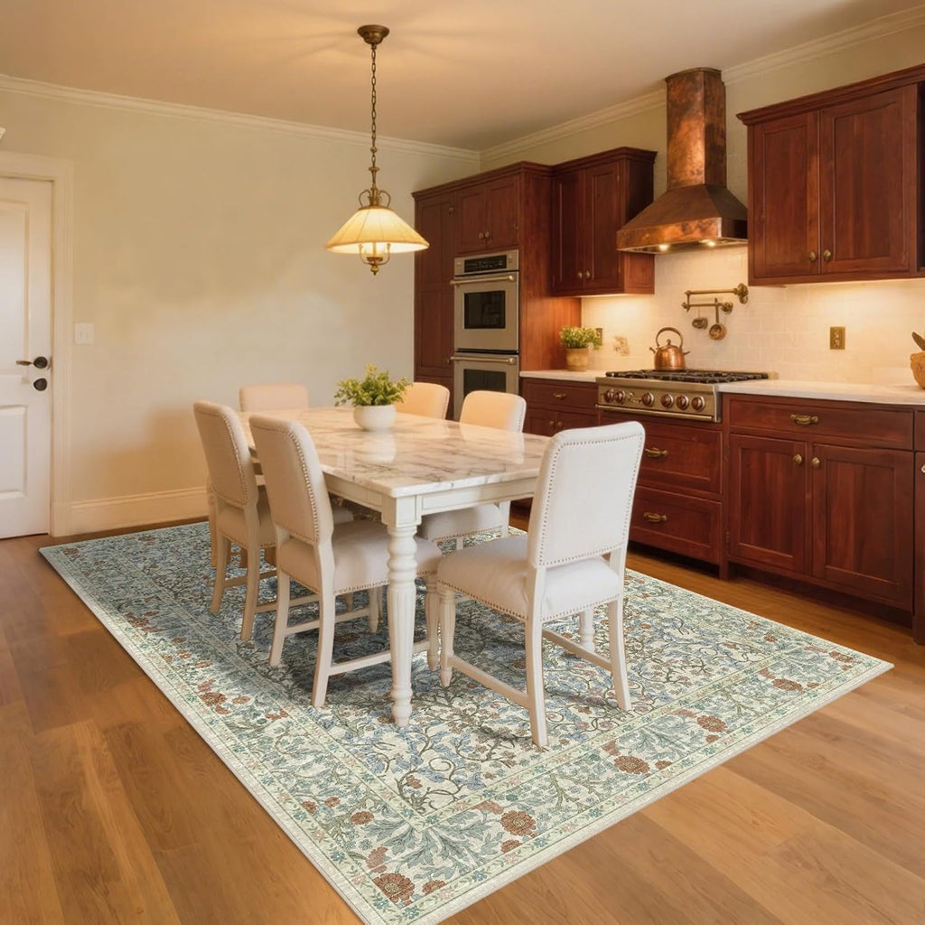 Vintage Beige Blue Living Room Rug, 8x10 Washable Area Rugs for Dining Room Under Table, Soft Low Pile Large Carpet Bedroom, Non-Slip Boho Floral (8 x 10 Beige Blue)