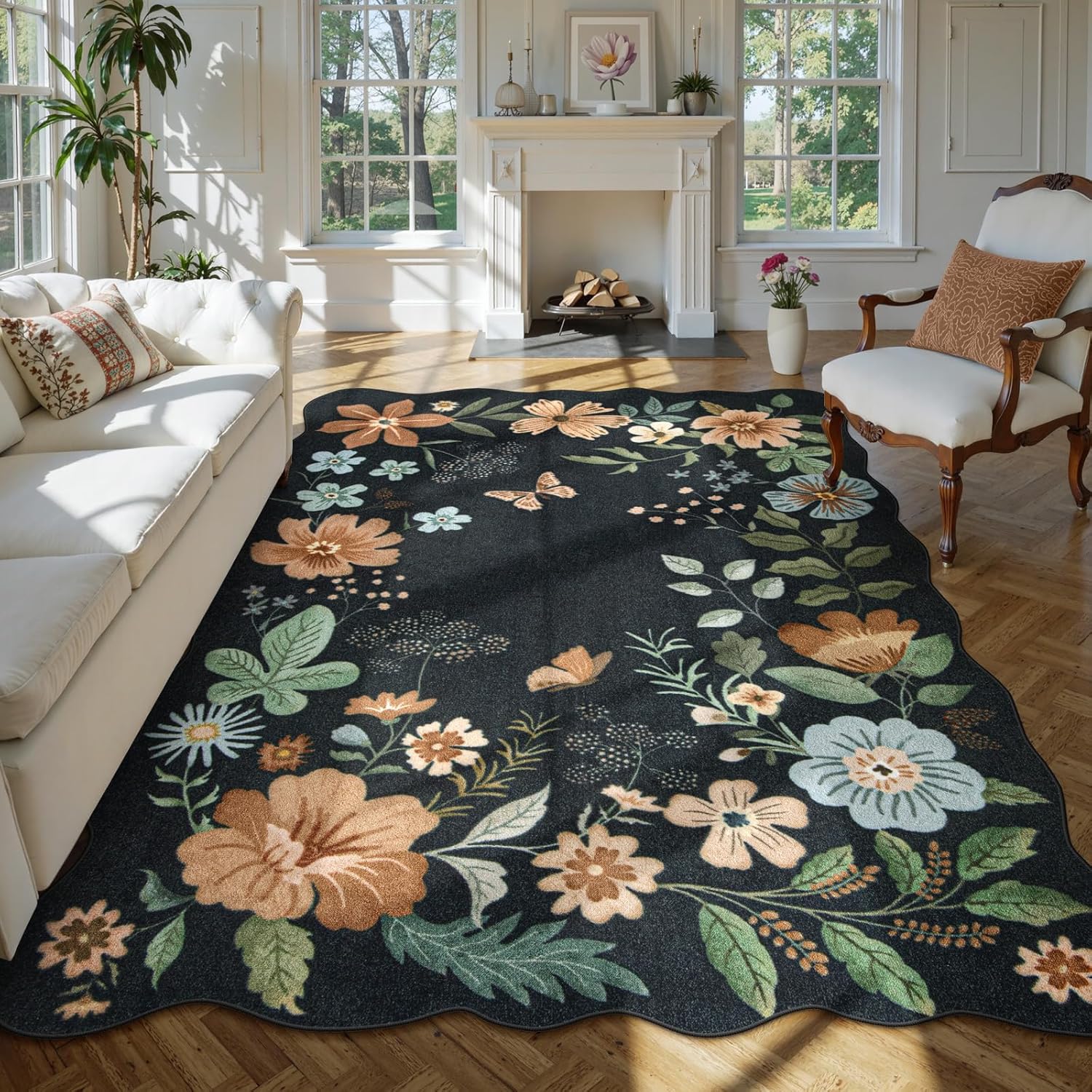 Lahome Floral Washable Rugs 8x10, Non-Slip Soft Green Rug Stain Resistant, Ultra-Thin 8x10 Rugs for Living Room Easy Clean Boho Accent Carpet for Dining Room Office(8x10ft,Green)