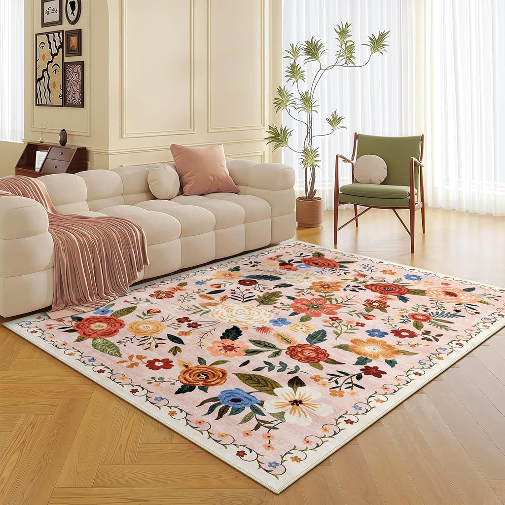 8x10 Washable Area Rug for Living Room, Floral Non-Slip Non-Shedding & Easy Care, Large Soft Low Pile Indoor Floor Carpet for Living Room, Bedroom, Farmhouse, Dining Room, Kids Playroom, Pink