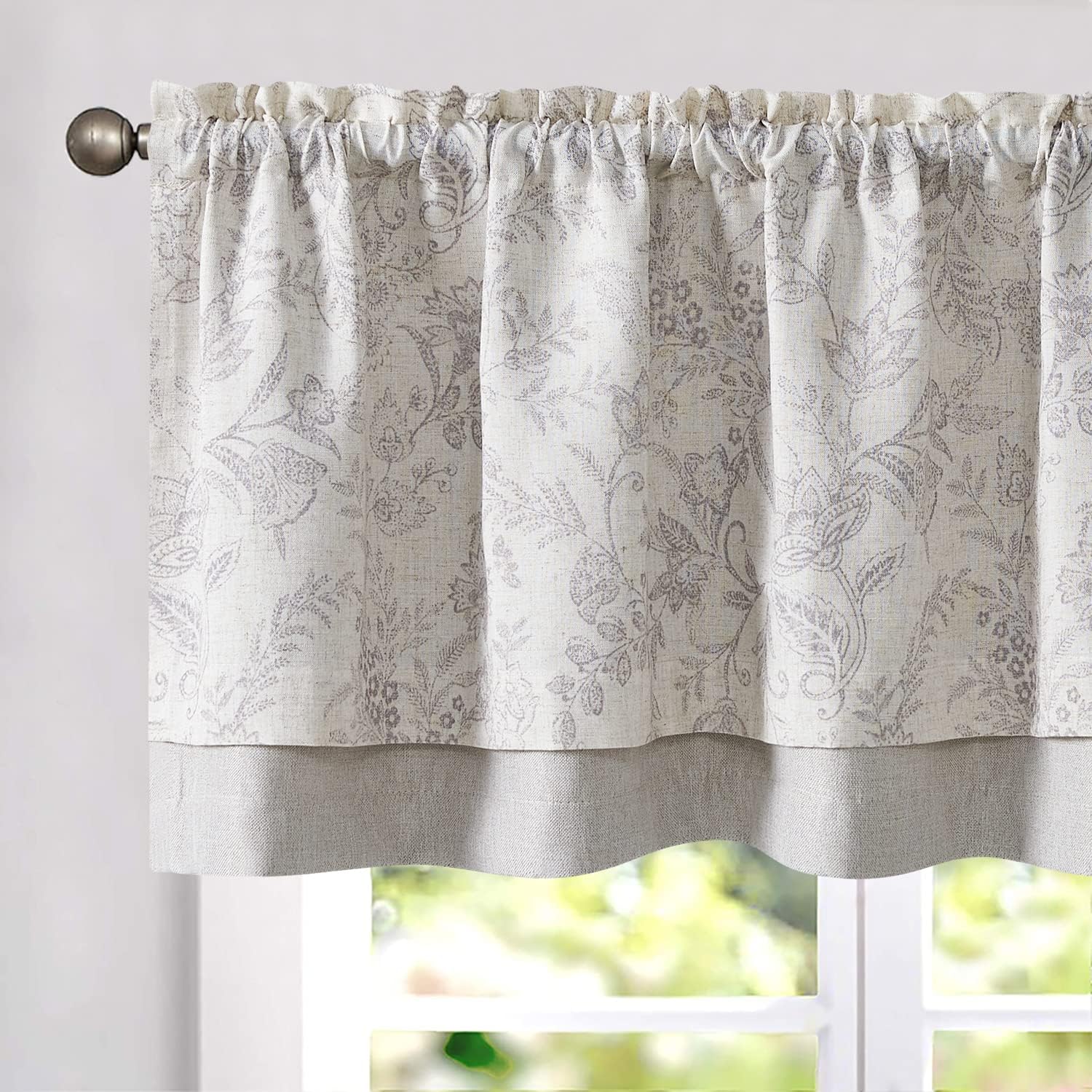 jinchan Linen Valance Kitchen Curtain for Windows Double Layer 16 Inch for Living Room Bedroom Christmas Decorations Blackout Vintage Rustic Farmhouse Cottagecore Rod Pocket 1 Panel Green on Beige