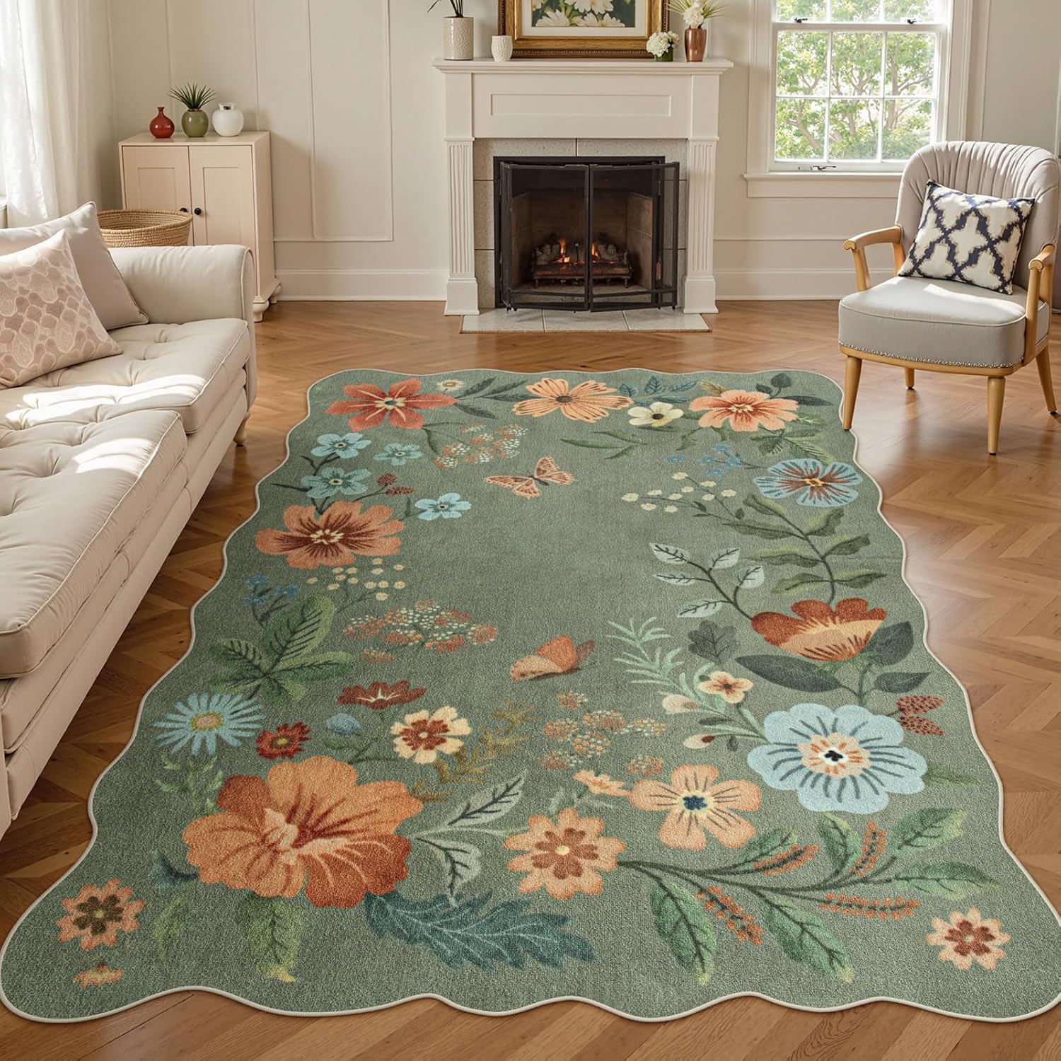 Lahome Floral Washable Rugs 8x10, Non-Slip Soft Green Rug Stain Resistant, Ultra-Thin 8x10 Rugs for Living Room Easy Clean Boho Accent Carpet for Dining Room Office(8x10ft,Green)
