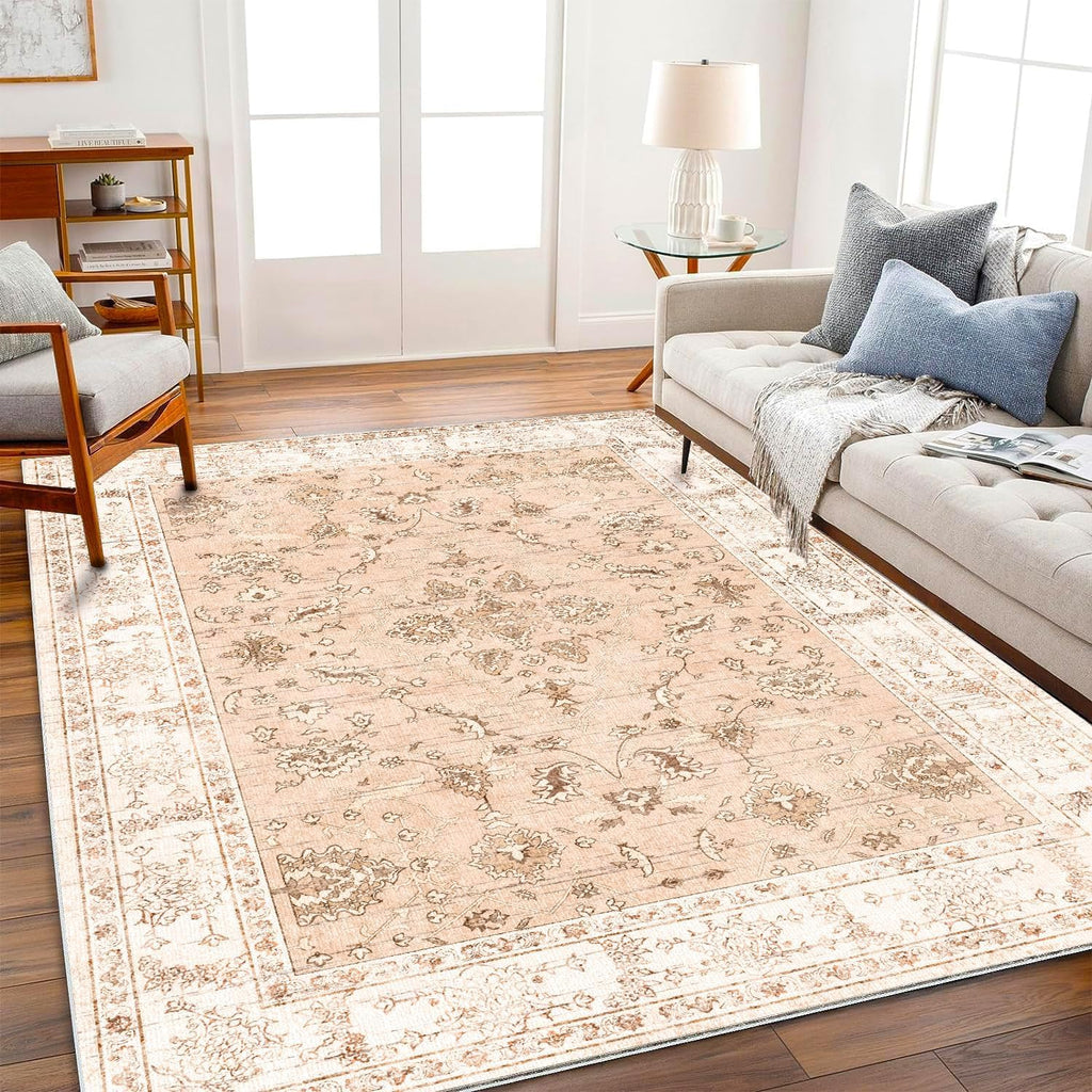 Area Rug 8x10 Washable Rug Brown Vintage Traditional Mat Distressed Indoor Foldable Thin Retro Accent Floral Non Slip Carpet Living Room Dining Room Office