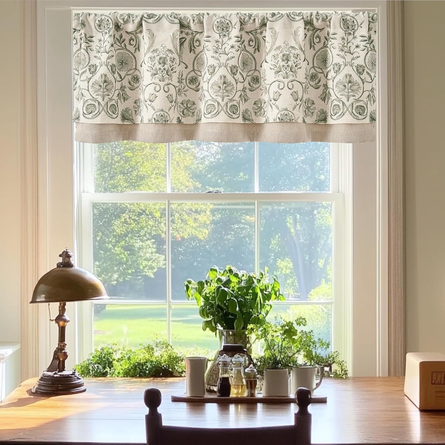 jinchan Linen Valance Kitchen Curtain for Windows Double Layer 16 Inch for Living Room Bedroom Christmas Decorations Blackout Vintage Rustic Farmhouse Cottagecore Rod Pocket 1 Panel Green on Beige