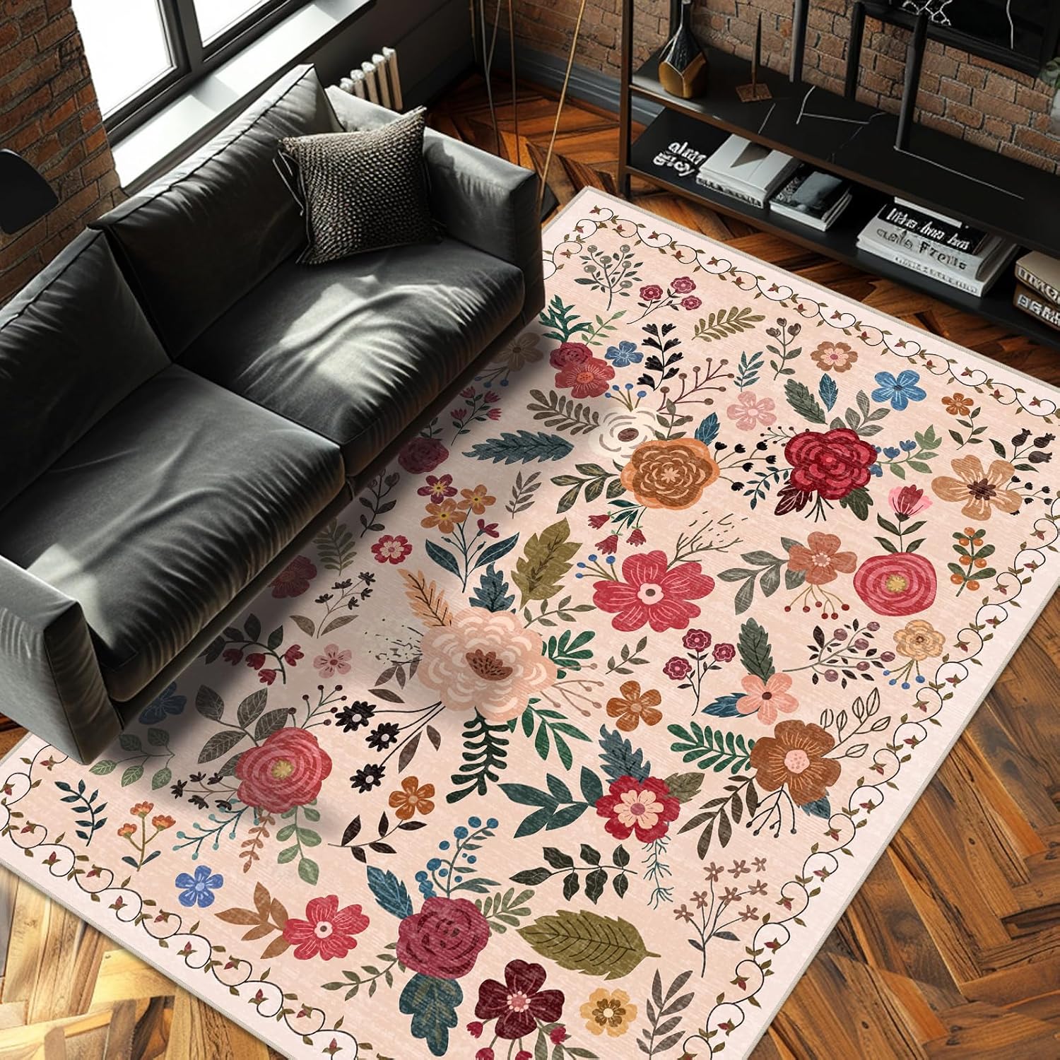 Vintage Beige Blue Living Room Rug, 8x10 Washable Area Rugs for Dining Room Under Table, Soft Low Pile Large Carpet Bedroom, Non-Slip Boho Floral (8 x 10 Beige Blue)