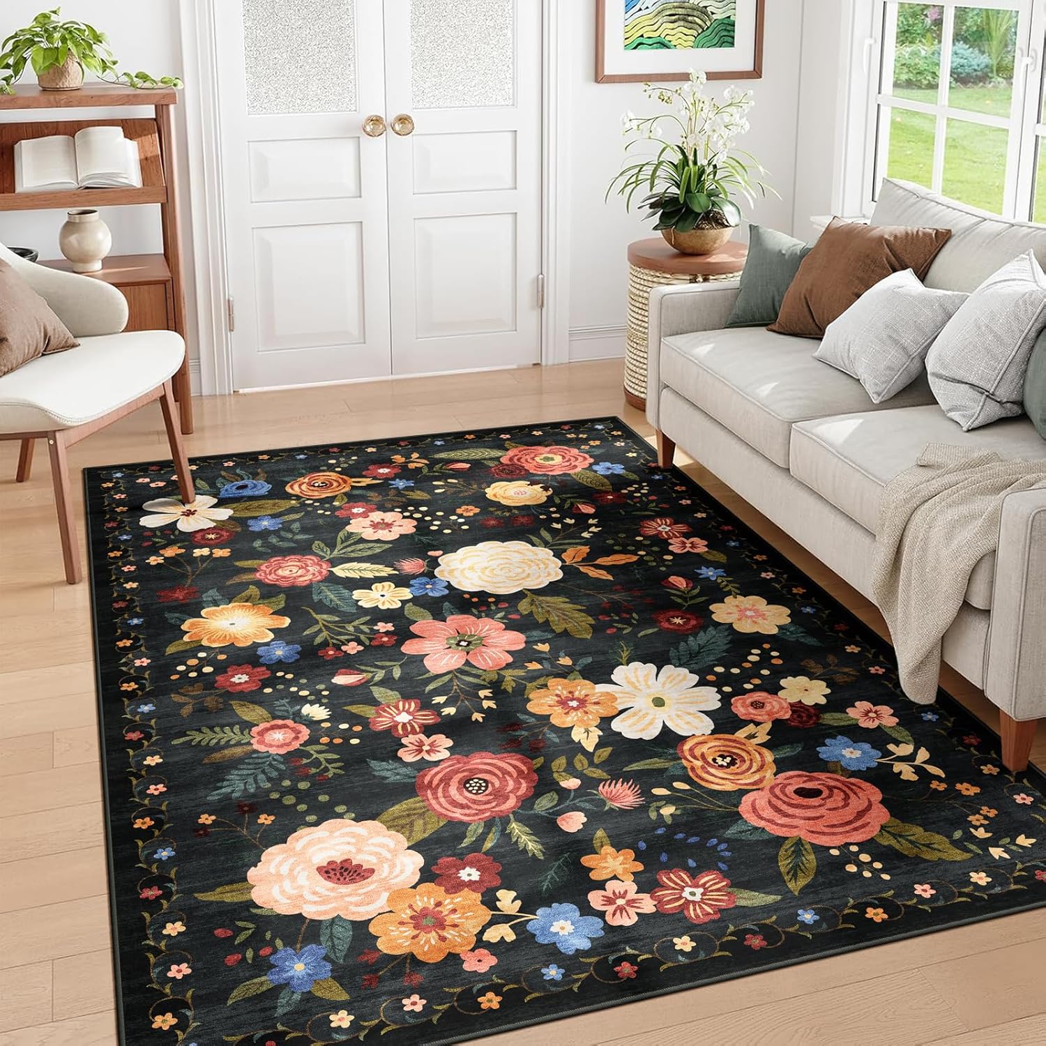 8x10 Washable Area Rug for Living Room, Floral Non-Slip Non-Shedding & Easy Care, Large Soft Low Pile Indoor Floor Carpet for Living Room, Bedroom, Farmhouse, Dining Room, Kids Playroom, Pink