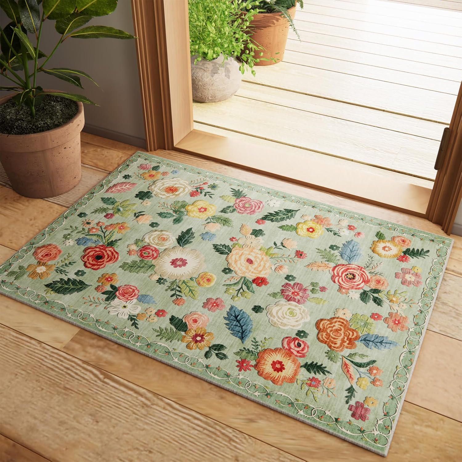 8x10 Area Rugs for Living Room: Washable Rug Stain Resistant Distressed Vintage Floral Rug Non Slip Low Pile Faux Wool Soft Large Area Rugs for Bedroom Bedside Farmhouse Dining Room Kids Nursery