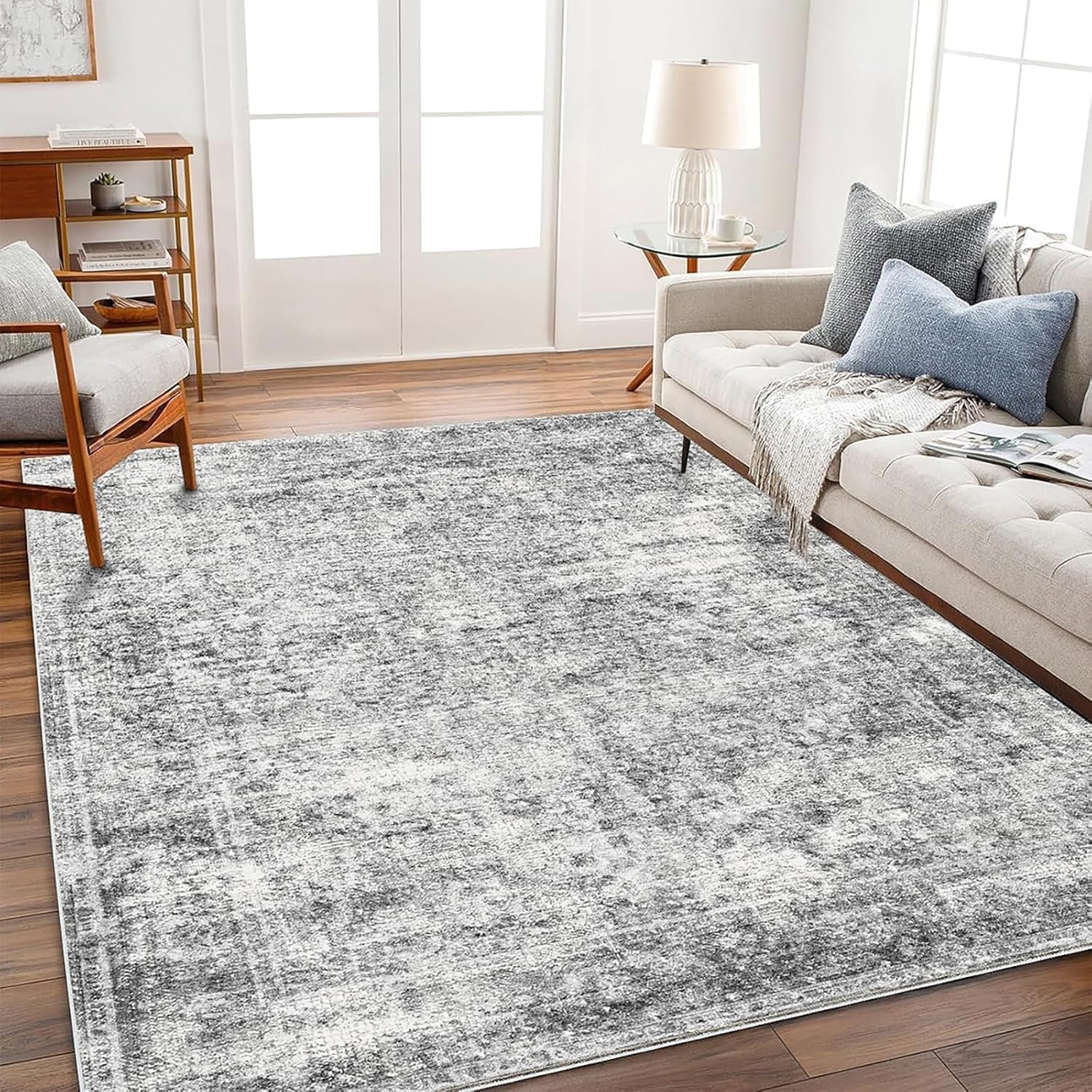 Area Rug 8x10 Washable Rug Brown Vintage Traditional Mat Distressed Indoor Foldable Thin Retro Accent Floral Non Slip Carpet Living Room Dining Room Office