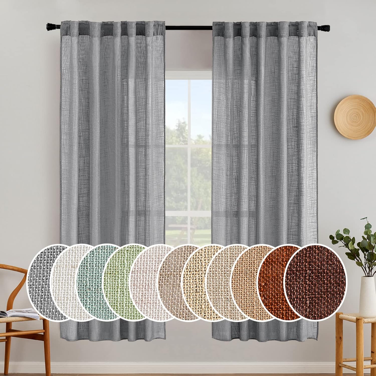 MIULEE Taupe Linen Curtains 84 Inch Length for Bedroom Living Room, Soft Thick Linen Textured Window Drapes Semi Sheer Light Filtering Back Tab Rod Pocket Burlap Look Farmhouse Country Decor, 2 Panels