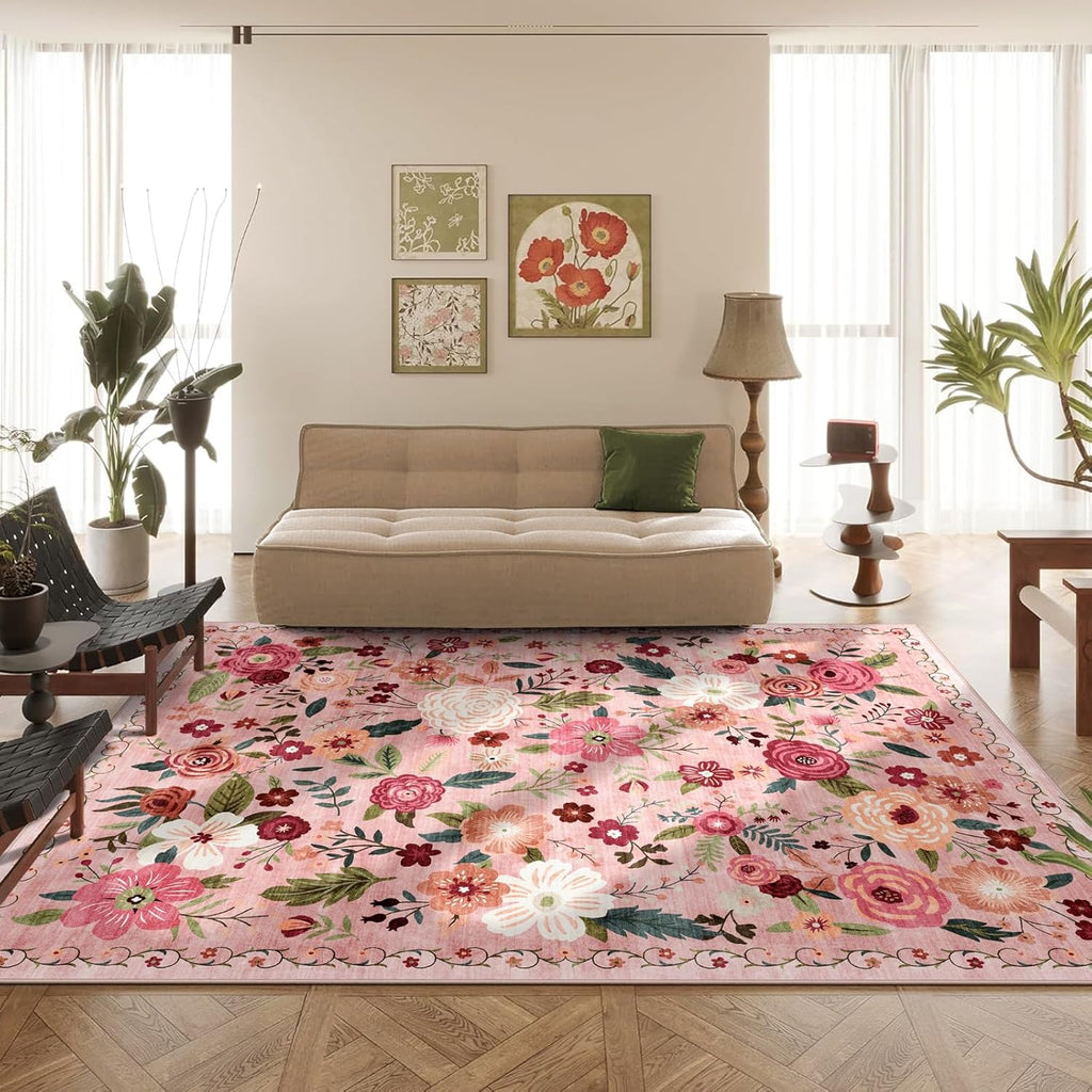 8x10 Washable Area Rug for Living Room, Floral Non-Slip Non-Shedding & Easy Care, Large Soft Low Pile Indoor Floor Carpet for Living Room, Bedroom, Farmhouse, Dining Room, Kids Playroom, Pink