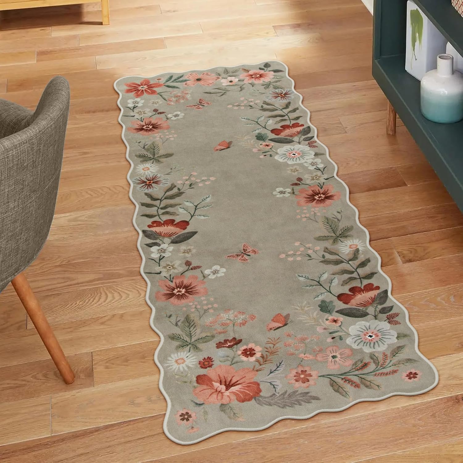 Lahome Floral Washable Rugs 8x10, Non-Slip Soft Green Rug Stain Resistant, Ultra-Thin 8x10 Rugs for Living Room Easy Clean Boho Accent Carpet for Dining Room Office(8x10ft,Green)