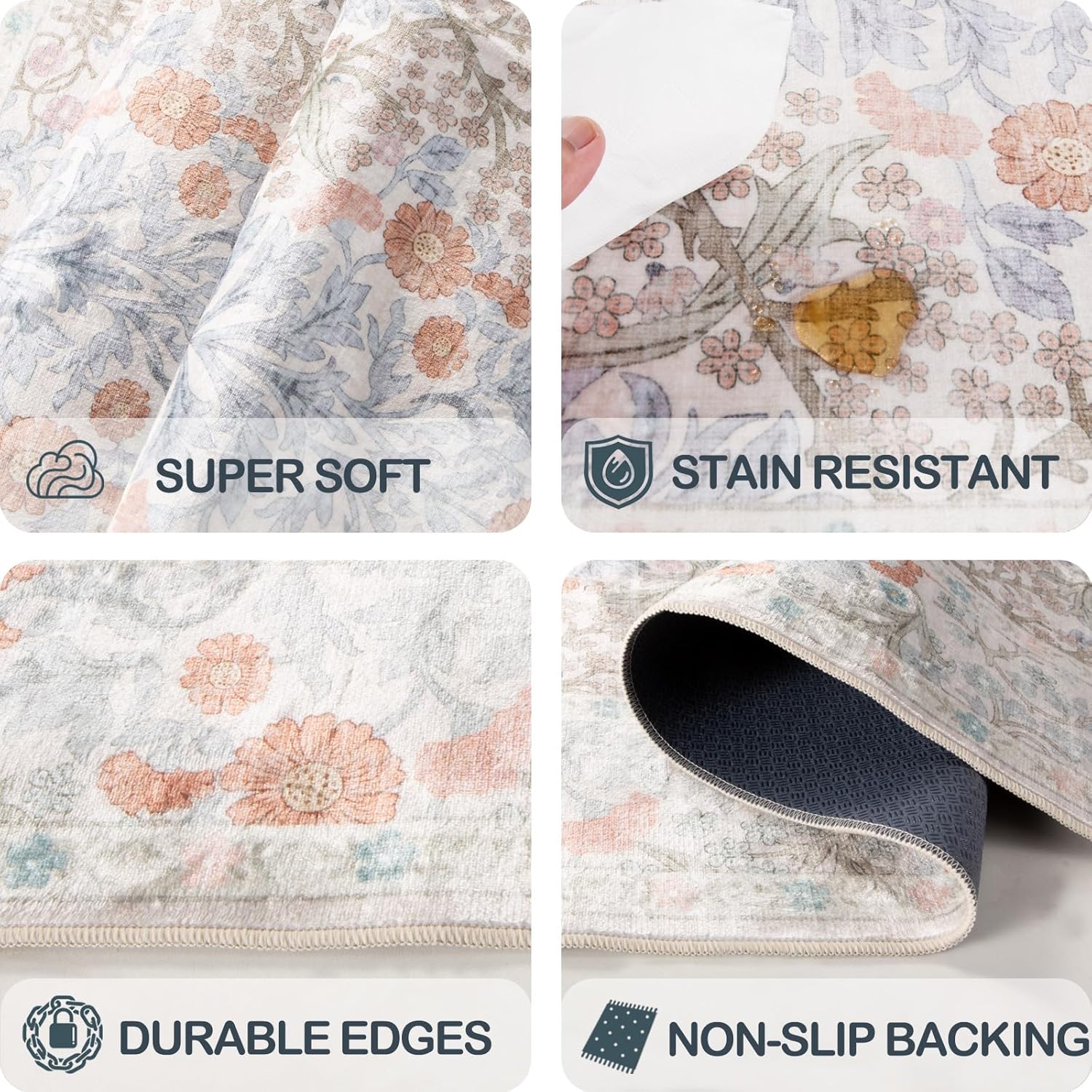 Vintage Beige Blue Living Room Rug, 8x10 Washable Area Rugs for Dining Room Under Table, Soft Low Pile Large Carpet Bedroom, Non-Slip Boho Floral (8 x 10 Beige Blue)