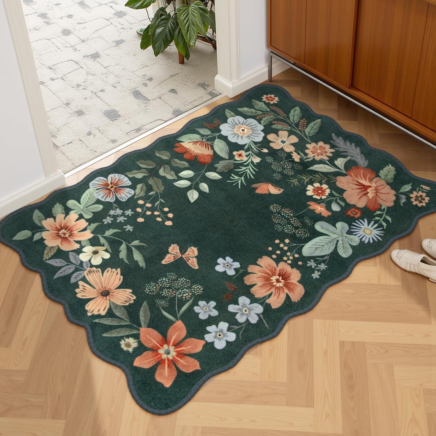 Lahome Floral Washable Rugs 8x10, Non-Slip Soft Green Rug Stain Resistant, Ultra-Thin 8x10 Rugs for Living Room Easy Clean Boho Accent Carpet for Dining Room Office(8x10ft,Green)