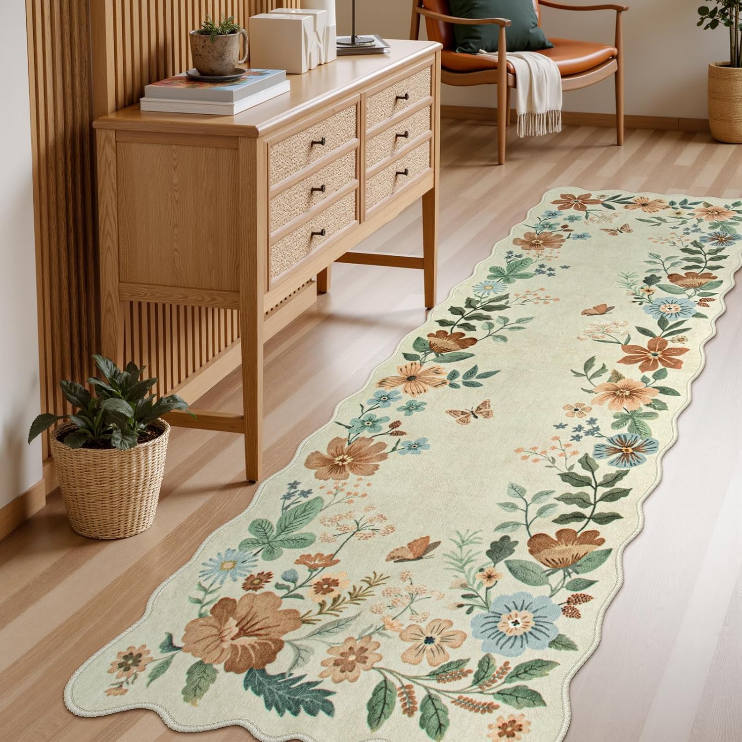 Lahome Floral Washable Rugs 8x10, Non-Slip Soft Green Rug Stain Resistant, Ultra-Thin 8x10 Rugs for Living Room Easy Clean Boho Accent Carpet for Dining Room Office(8x10ft,Green)