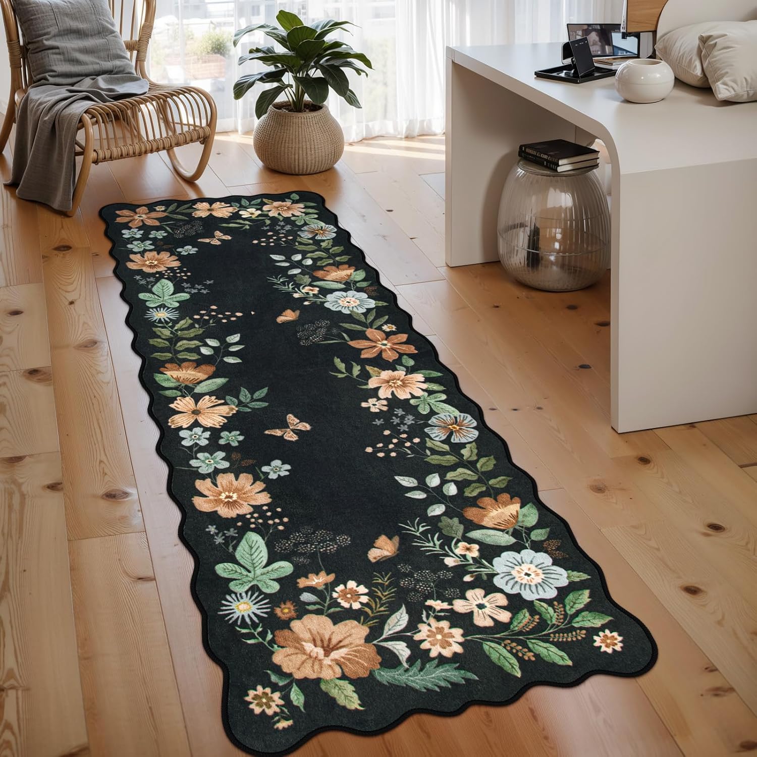 Lahome Floral Washable Rugs 8x10, Non-Slip Soft Green Rug Stain Resistant, Ultra-Thin 8x10 Rugs for Living Room Easy Clean Boho Accent Carpet for Dining Room Office(8x10ft,Green)
