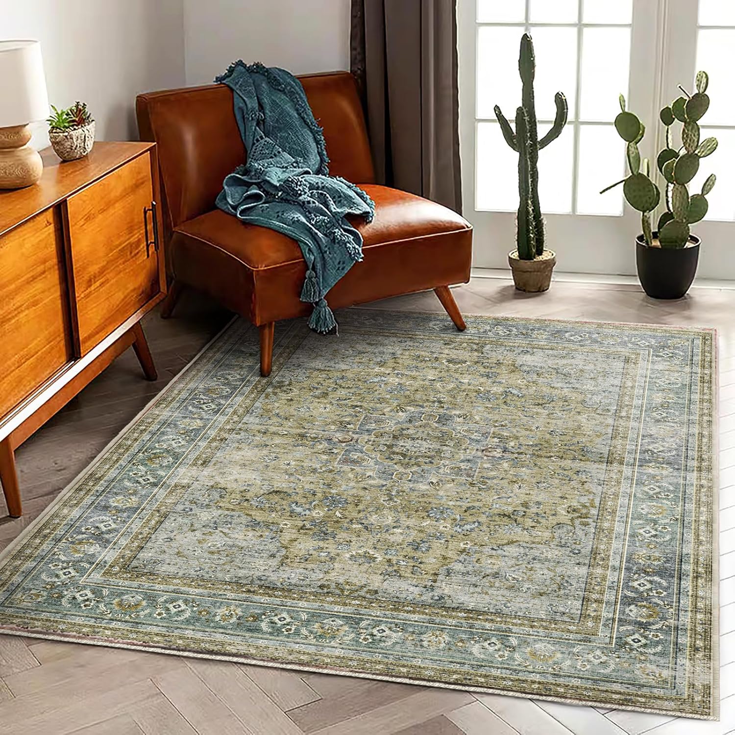 Area Rug 8x10 Washable Rug Brown Vintage Traditional Mat Distressed Indoor Foldable Thin Retro Accent Floral Non Slip Carpet Living Room Dining Room Office