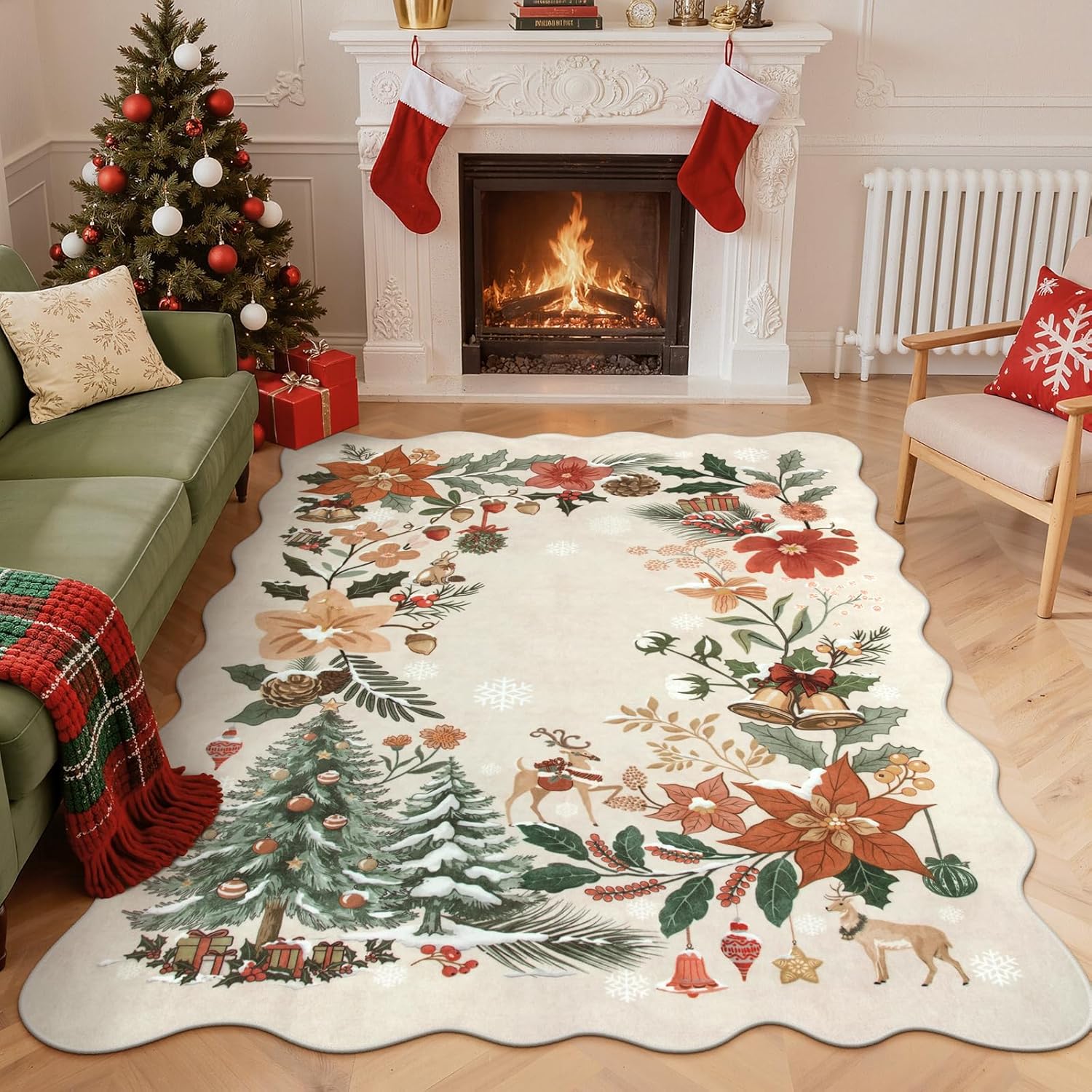 Lahome Floral Washable Rugs 8x10, Non-Slip Soft Green Rug Stain Resistant, Ultra-Thin 8x10 Rugs for Living Room Easy Clean Boho Accent Carpet for Dining Room Office(8x10ft,Green)