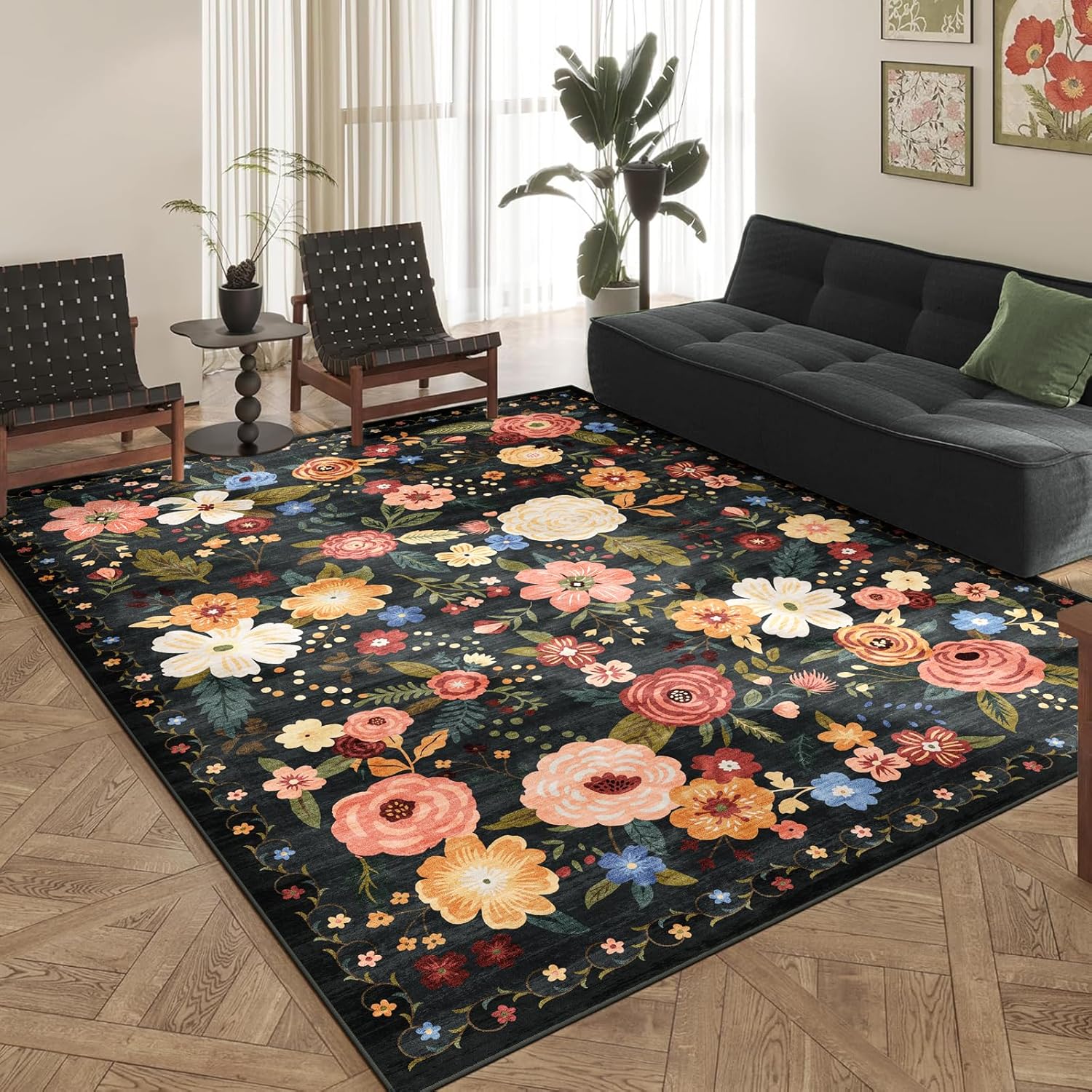 8x10 Washable Area Rug for Living Room, Floral Non-Slip Non-Shedding & Easy Care, Large Soft Low Pile Indoor Floor Carpet for Living Room, Bedroom, Farmhouse, Dining Room, Kids Playroom, Pink