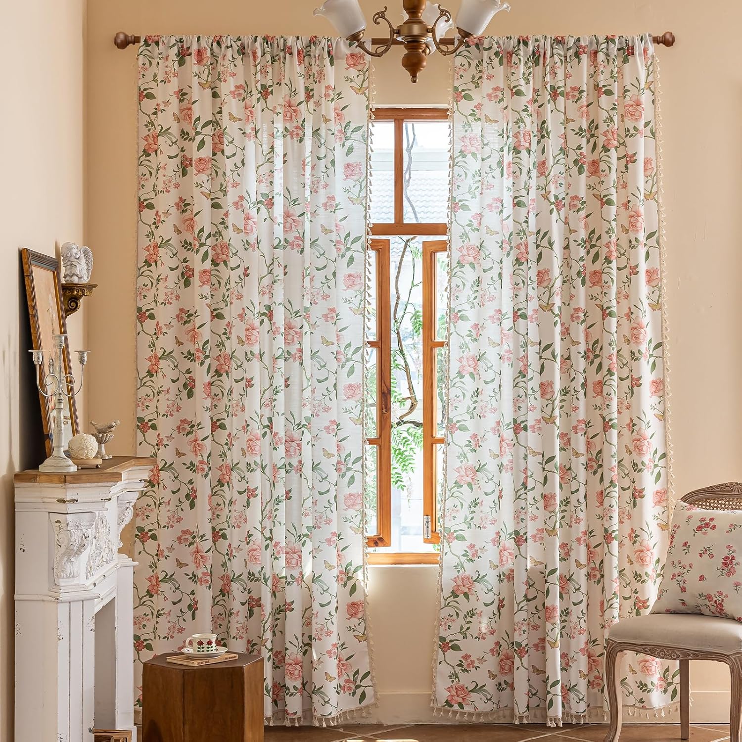 ENJOYBRIDAL Floral Bedroom Curtains 84 Inch Length 2 Panels Set Farmhouse Semi Sheer Living Room Drapes Cotton Linen Blend Bohemian Window Curtain Panels with Tassel Beige Rod Pocket Drapes