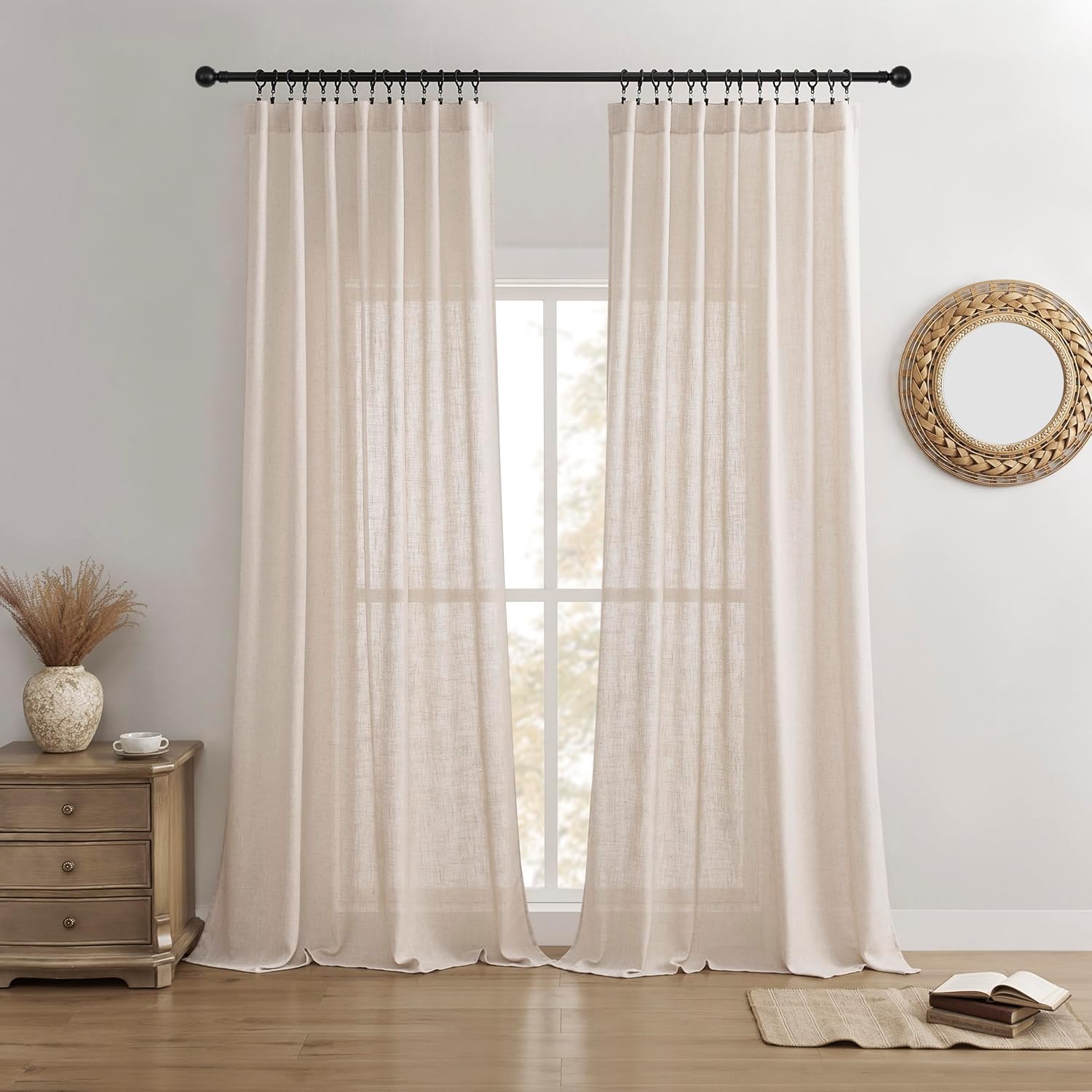 Joydeco Linen Curtains 96 inch Length 2 Panel Set, Light Filtering Curtain for Living Room Bedroom, 52 inch Wide Drapes with Rod Pocket Back Tab (96" Lx52 W, Ivory on Linen)