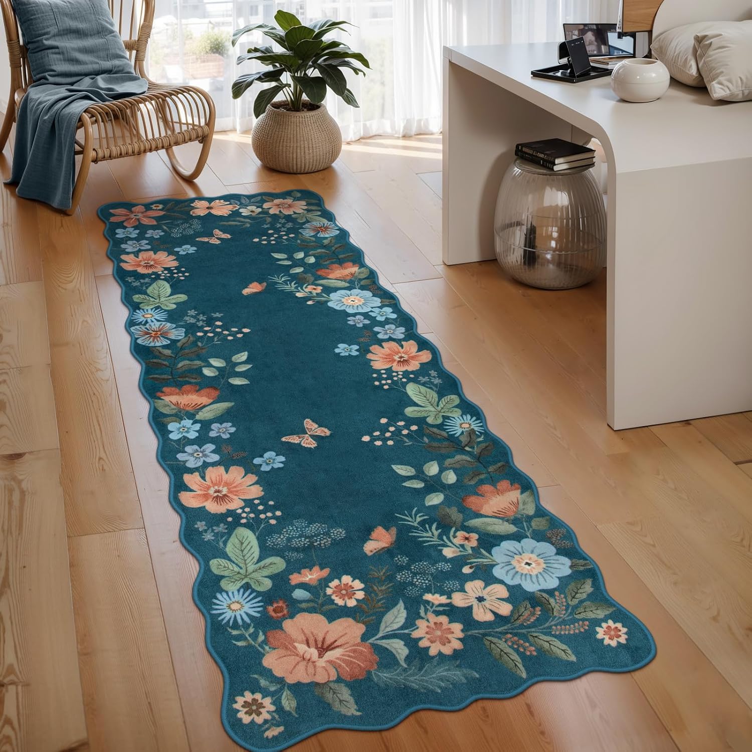 Lahome Floral Washable Rugs 8x10, Non-Slip Soft Green Rug Stain Resistant, Ultra-Thin 8x10 Rugs for Living Room Easy Clean Boho Accent Carpet for Dining Room Office(8x10ft,Green)