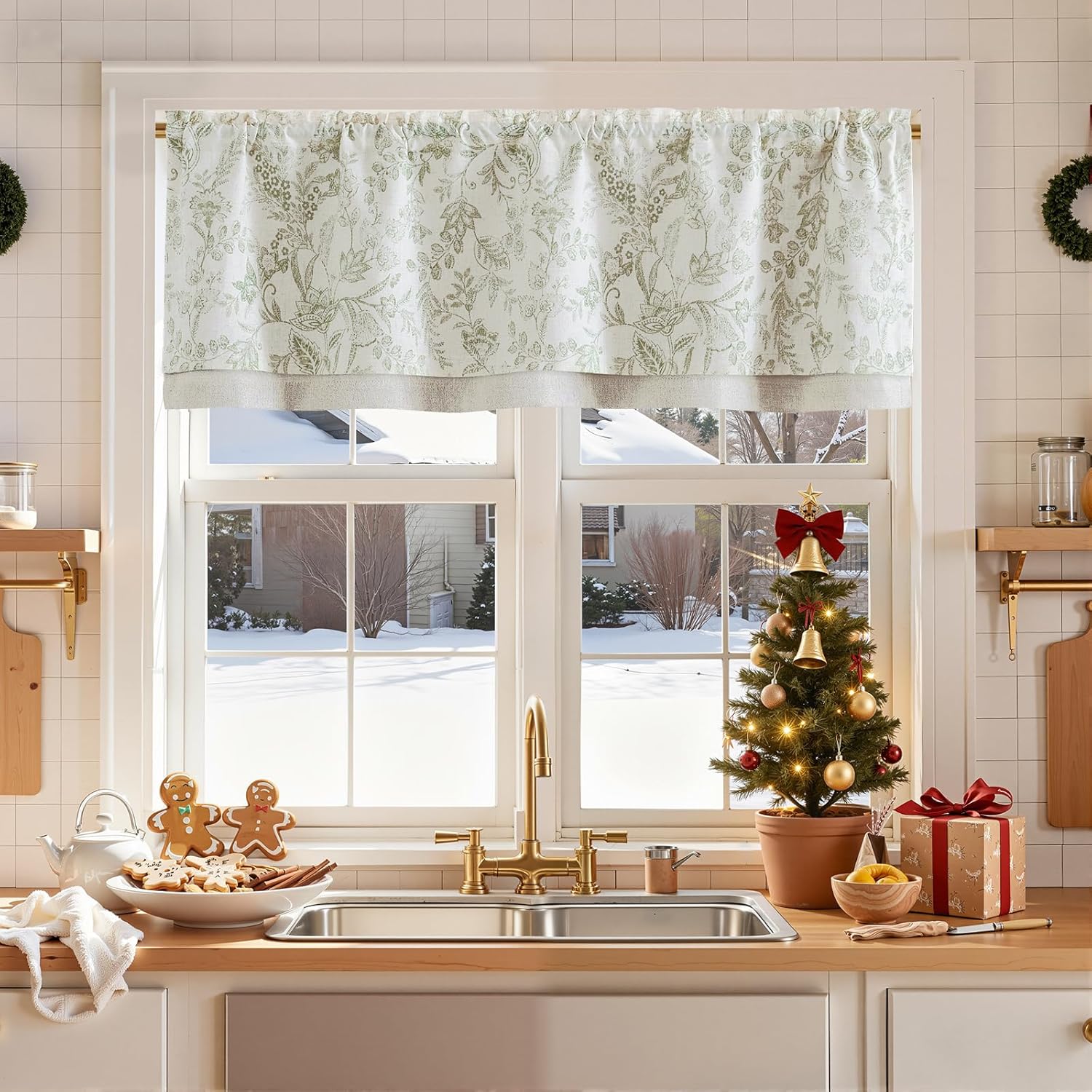 jinchan Linen Valance Kitchen Curtain for Windows Double Layer 16 Inch for Living Room Bedroom Christmas Decorations Blackout Vintage Rustic Farmhouse Cottagecore Rod Pocket 1 Panel Green on Beige