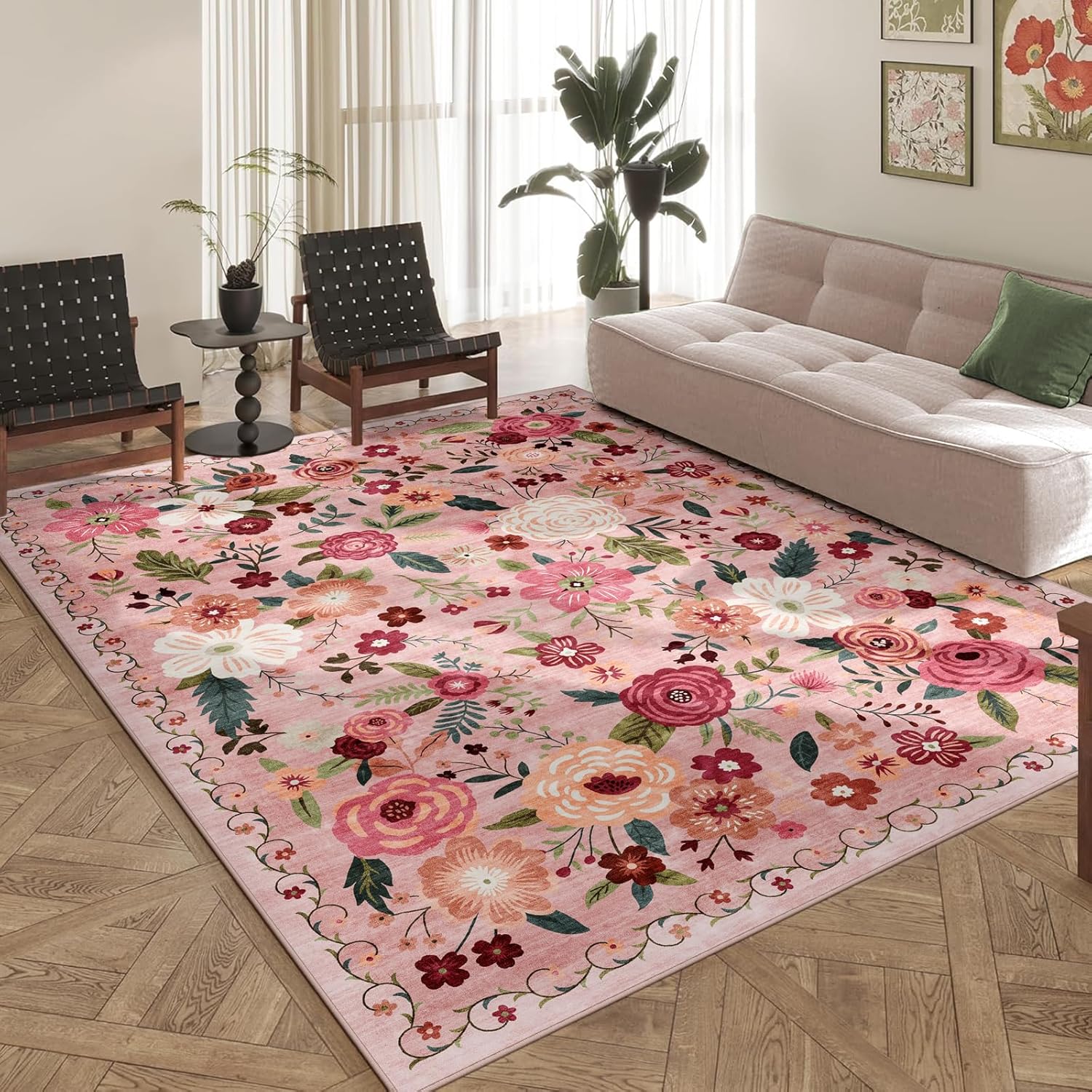 8x10 Washable Area Rug for Living Room, Floral Non-Slip Non-Shedding & Easy Care, Large Soft Low Pile Indoor Floor Carpet for Living Room, Bedroom, Farmhouse, Dining Room, Kids Playroom, Pink