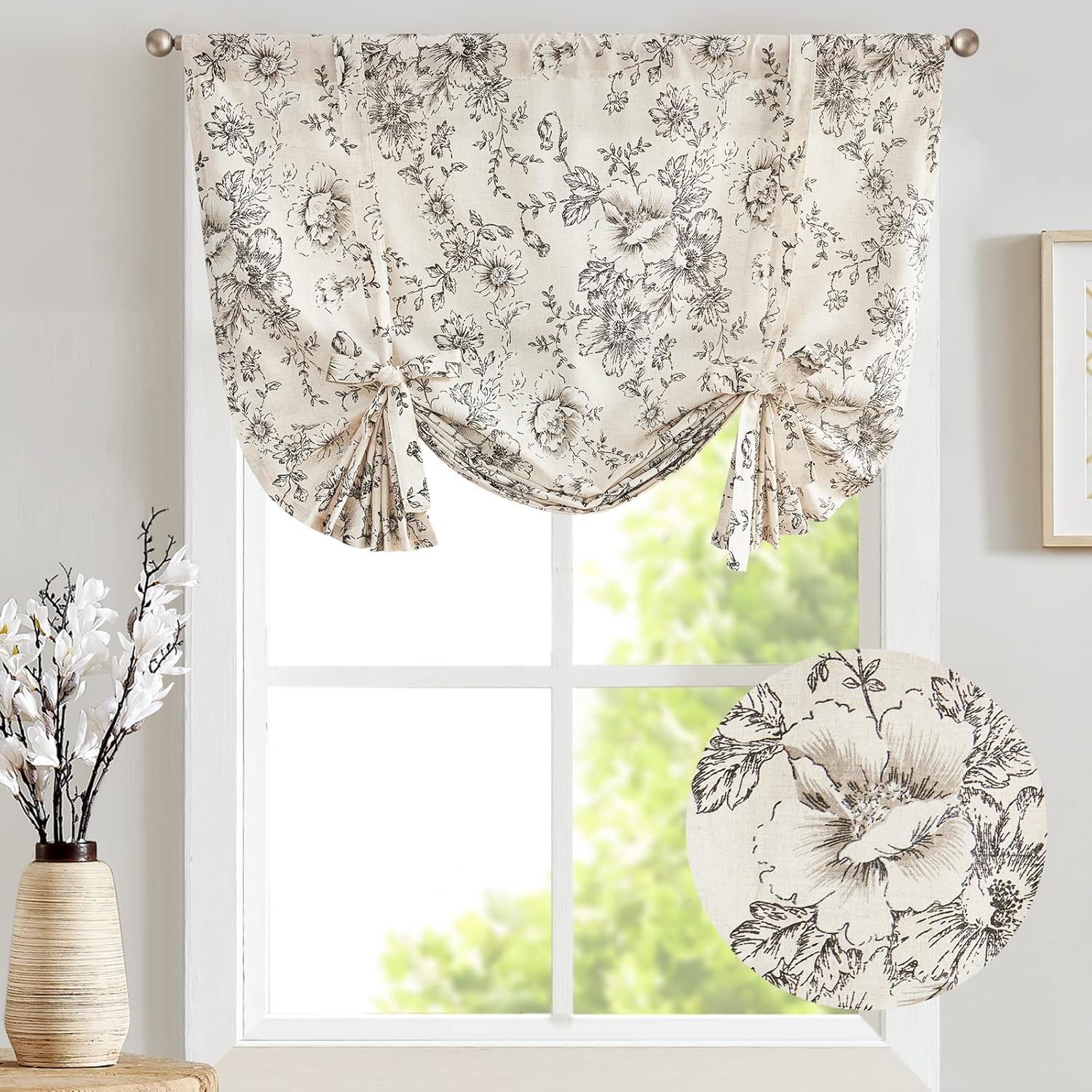 jinchan Tie Up Valance Floral Linen for Windows Farmhouse Valance 45 Inch Peonies Botanical Short Window Treatment Adjustable for Kitchen Living Room Light Filtering 1 Panel Black on Beige