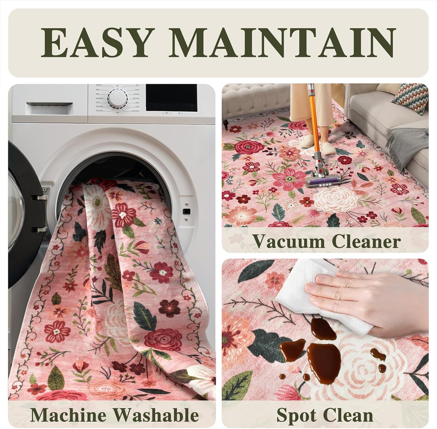 8x10 Washable Area Rug for Living Room, Floral Non-Slip Non-Shedding & Easy Care, Large Soft Low Pile Indoor Floor Carpet for Living Room, Bedroom, Farmhouse, Dining Room, Kids Playroom, Pink