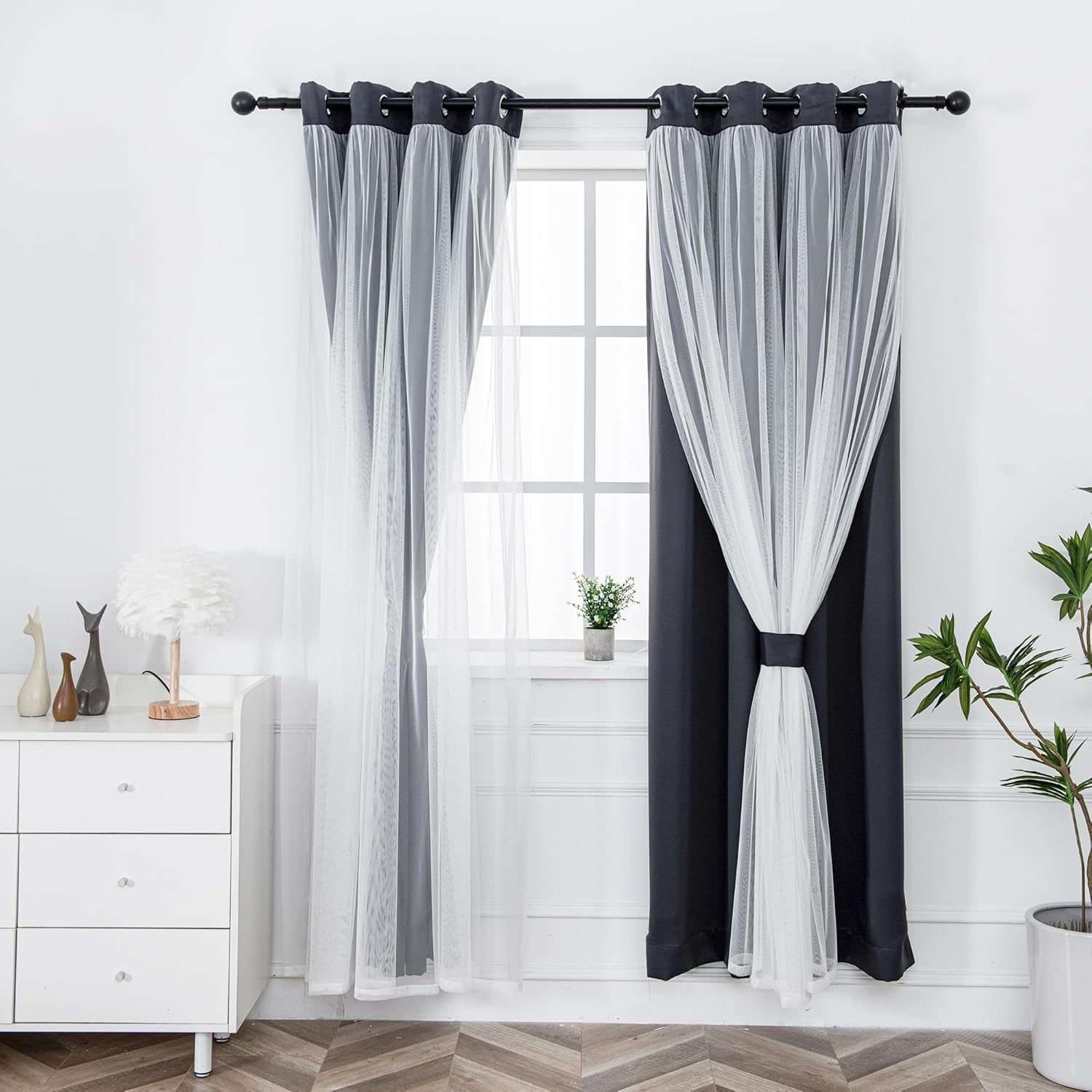 INLINAS Beige Blackout Curtains with Sheer Overlay - Grommet Top Thermal and Noise Reduction Panels for Bedroom and Living Room Light Blocking and Energy Saving, 52 x 84 Inches, Set of 2